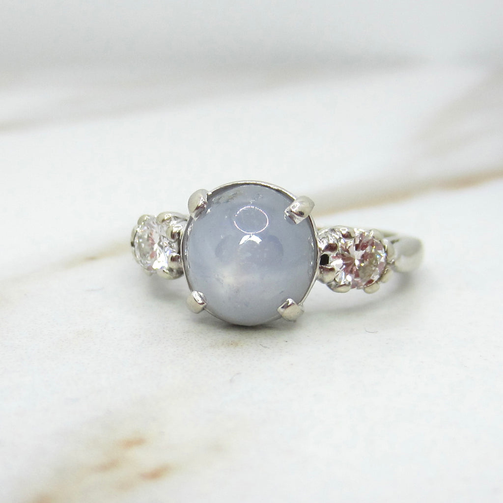 Vintage 14k White Gold Star Sapphire and Diamond Ring c.1950s