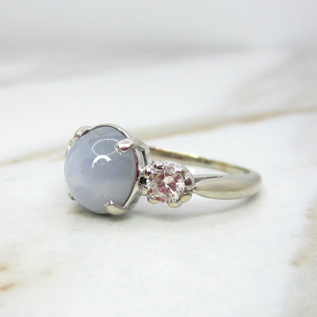 Vintage 14k White Gold Star Sapphire and Diamond Ring c.1950s
