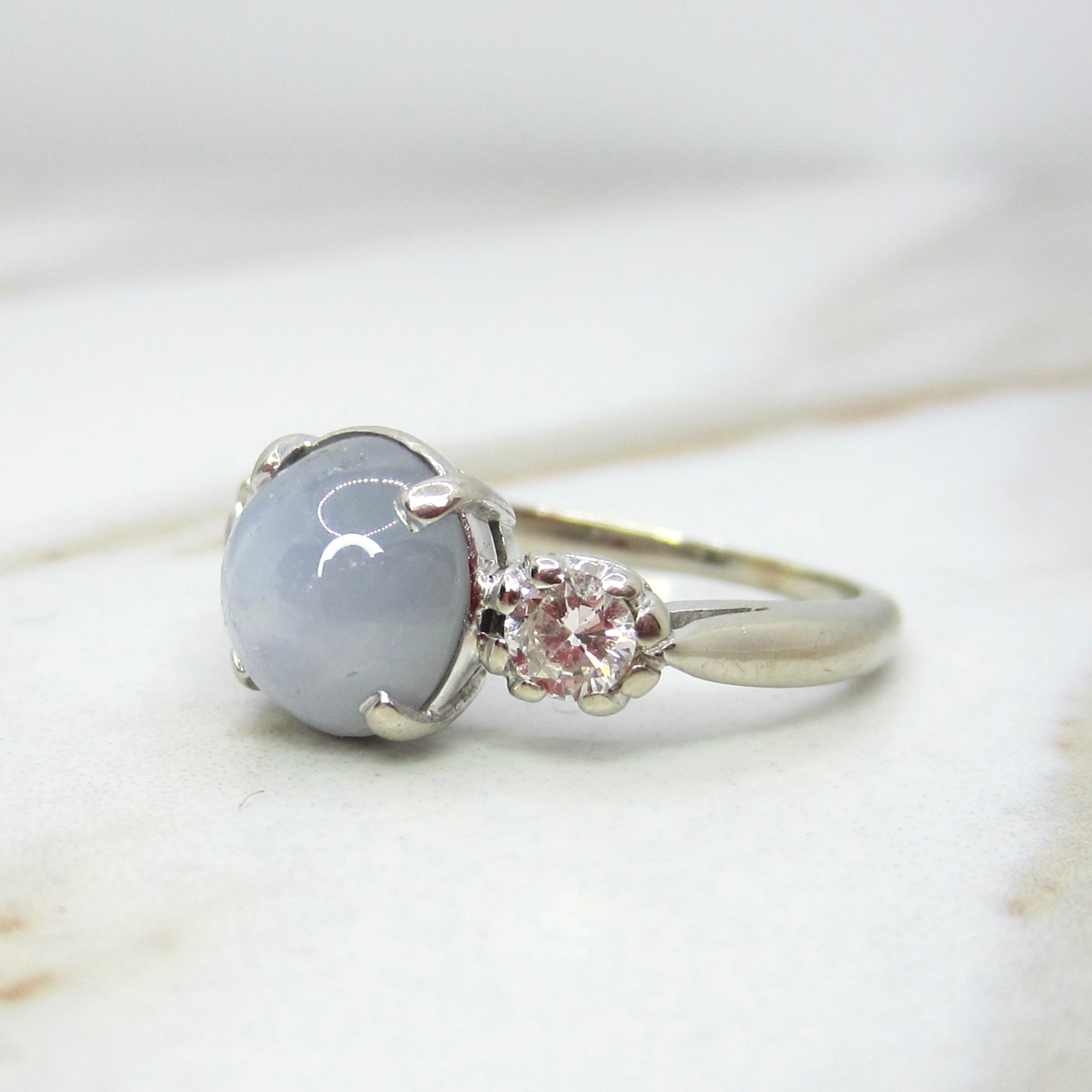 Vintage 14k White Gold Star Sapphire and Diamond Ring c.1950s