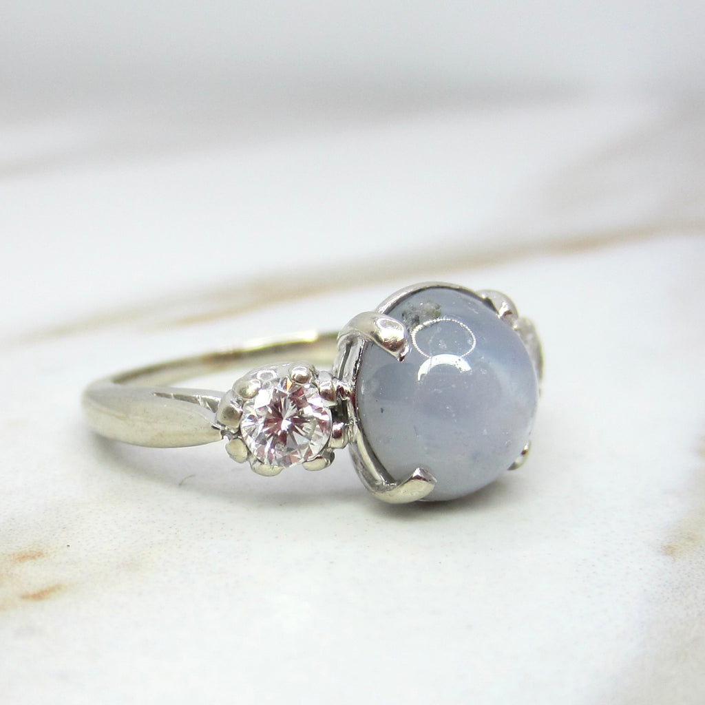 Vintage 14k White Gold Star Sapphire and Diamond Ring c.1950s