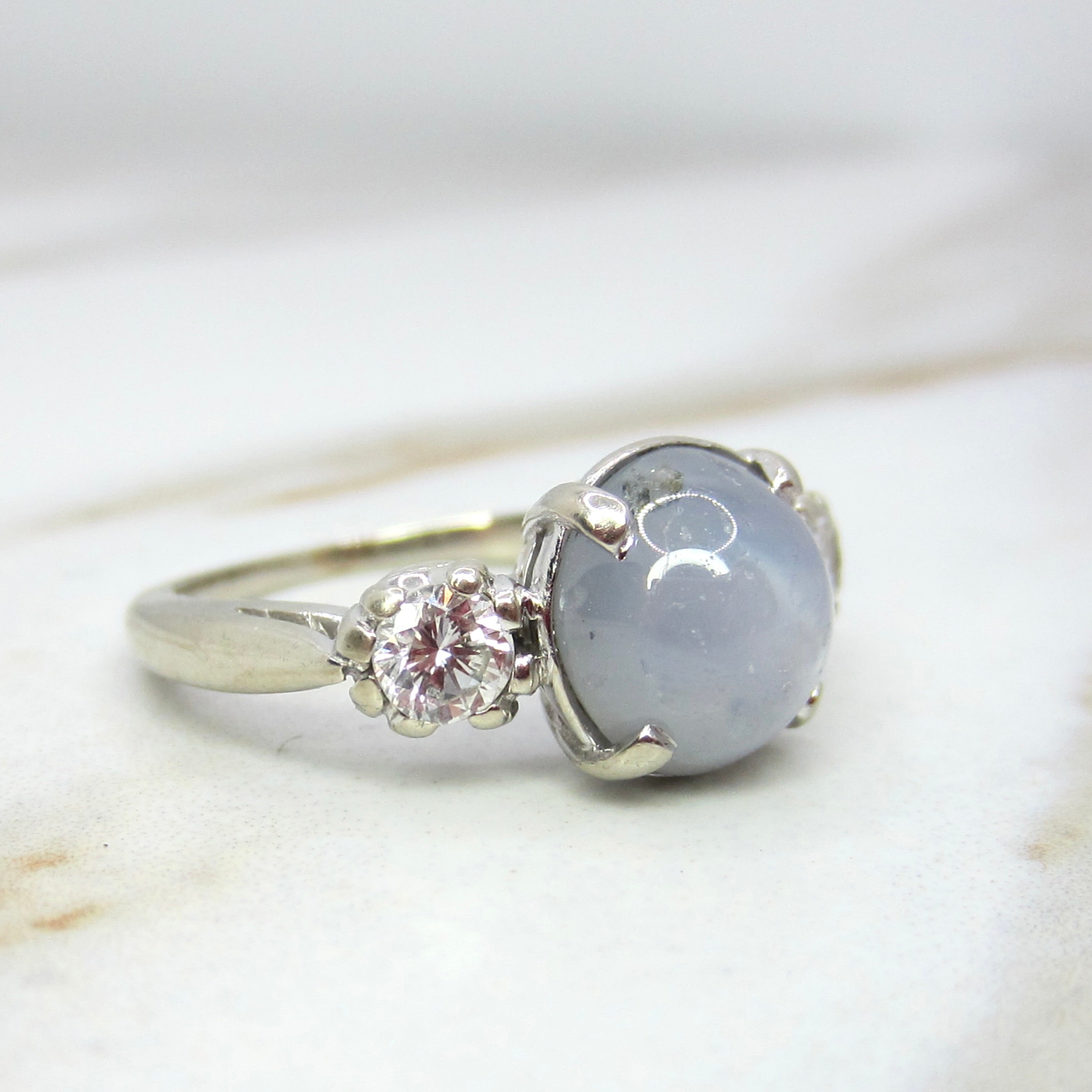 Vintage 14k White Gold Star Sapphire and Diamond Ring c.1950s