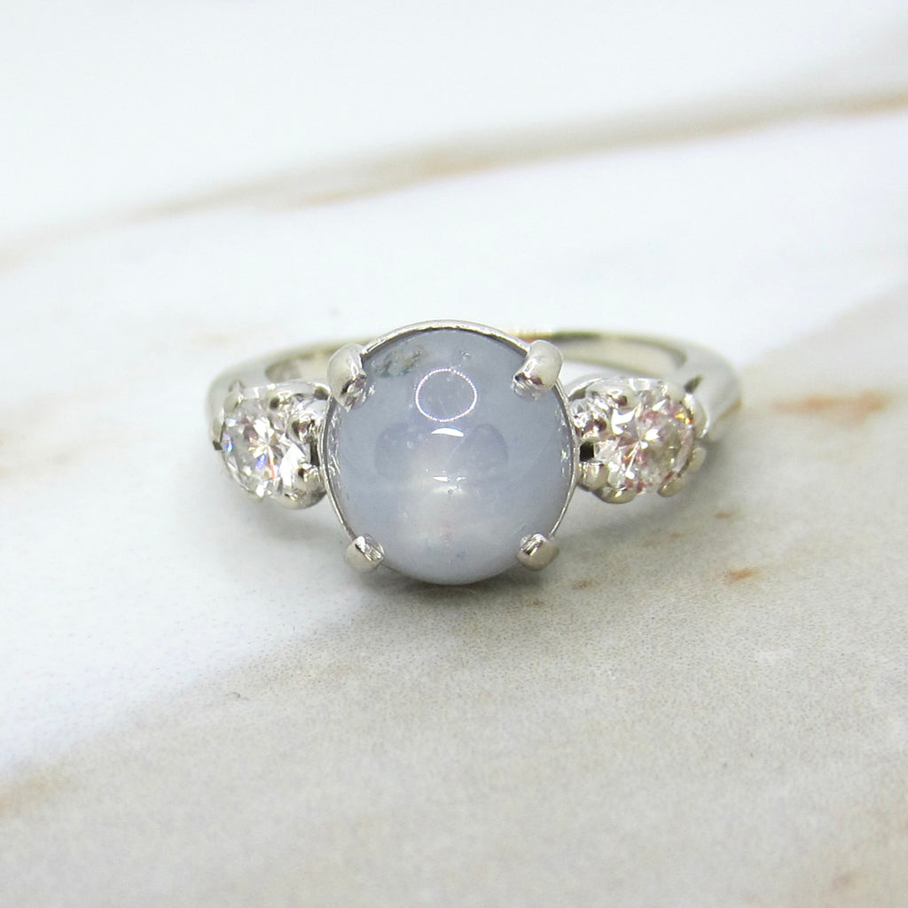 Vintage 14k White Gold Star Sapphire and Diamond Ring c.1950s