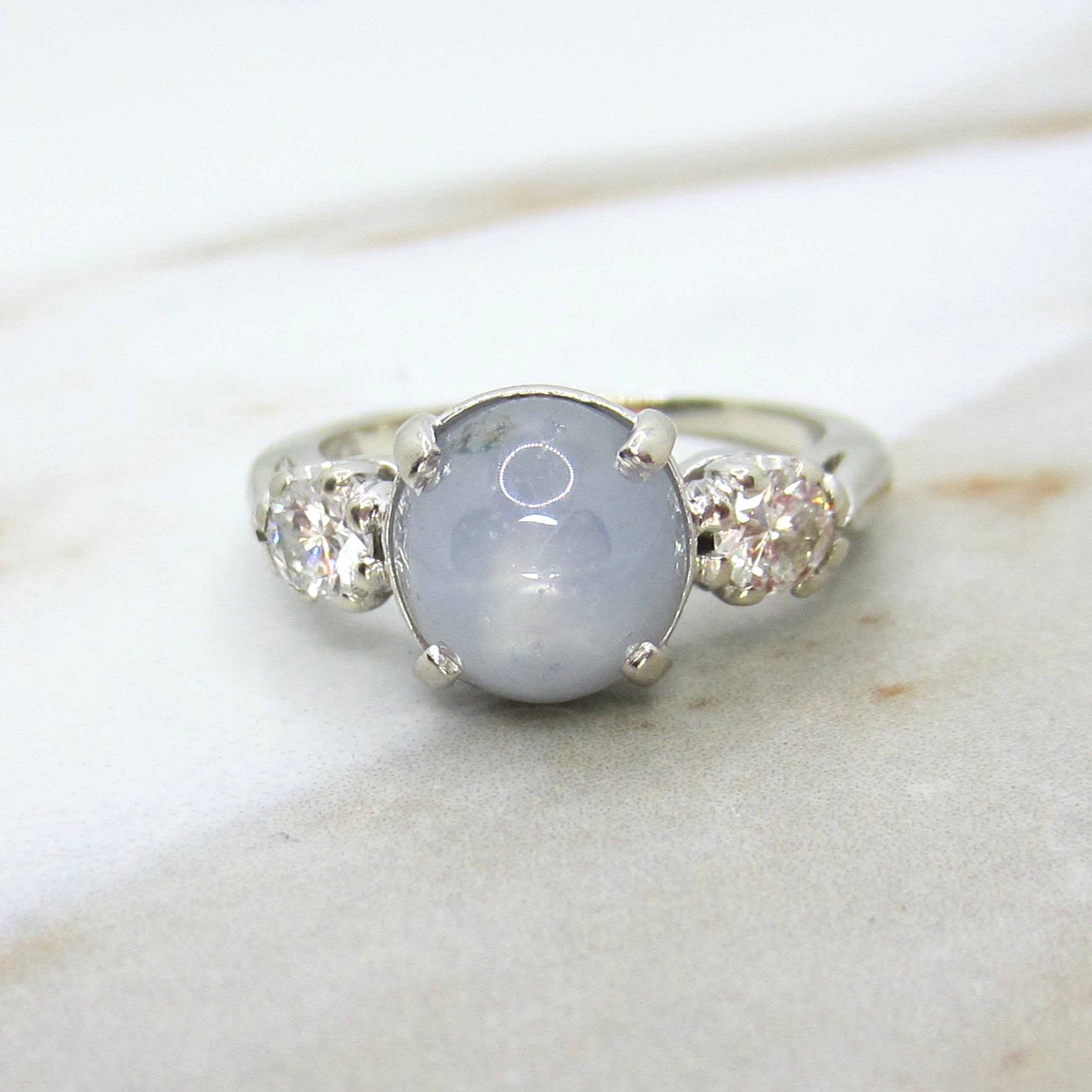 Vintage 14k White Gold Star Sapphire and Diamond Ring c.1950s