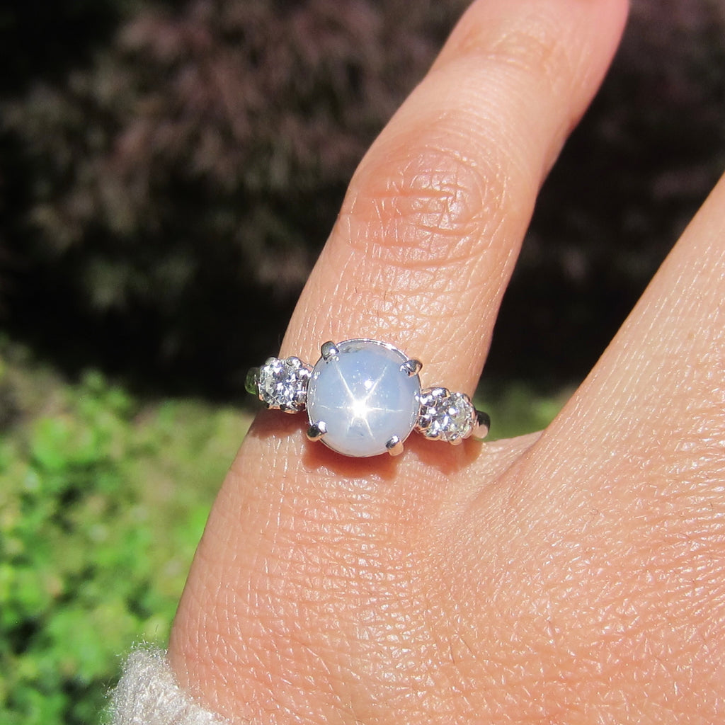 Vintage 14k White Gold Star Sapphire and Diamond Ring c.1950s