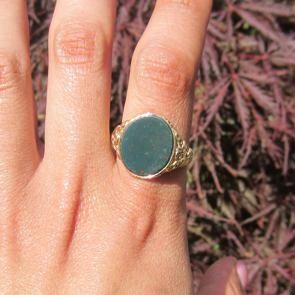 Antique 15k Gold Bloodstone Signet Ring British Hallmarks 1863