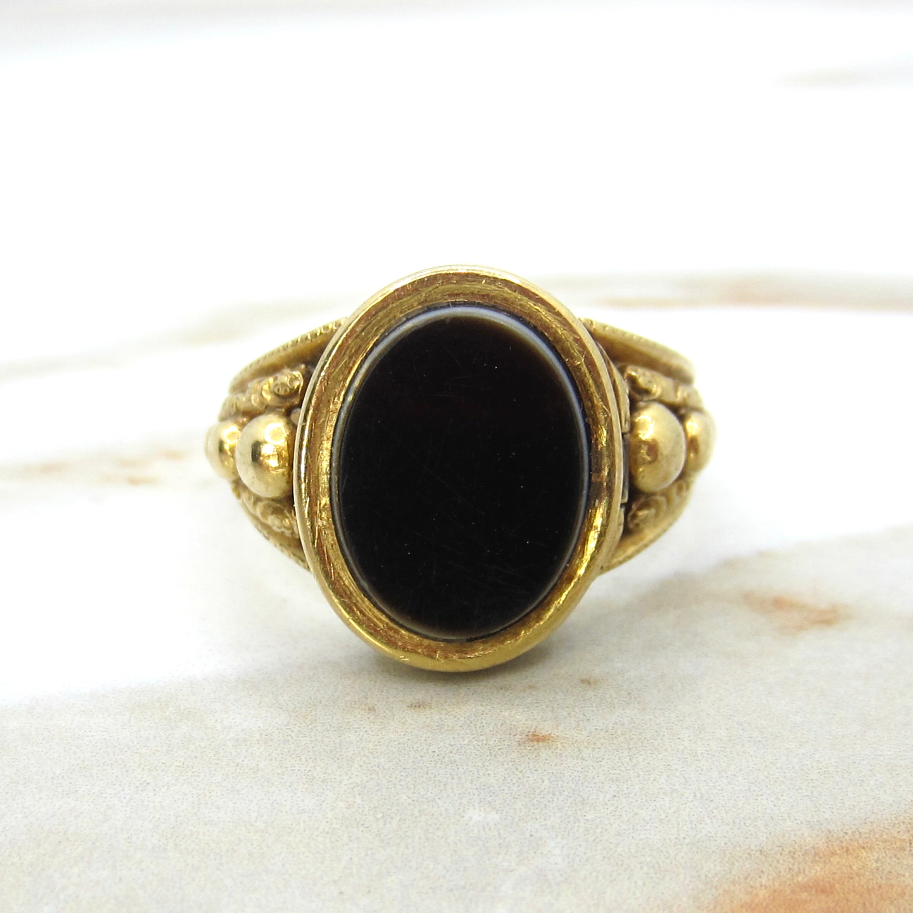 Antique Victorian 18k Gold Onyx Poison Locket Ring c.1880s
