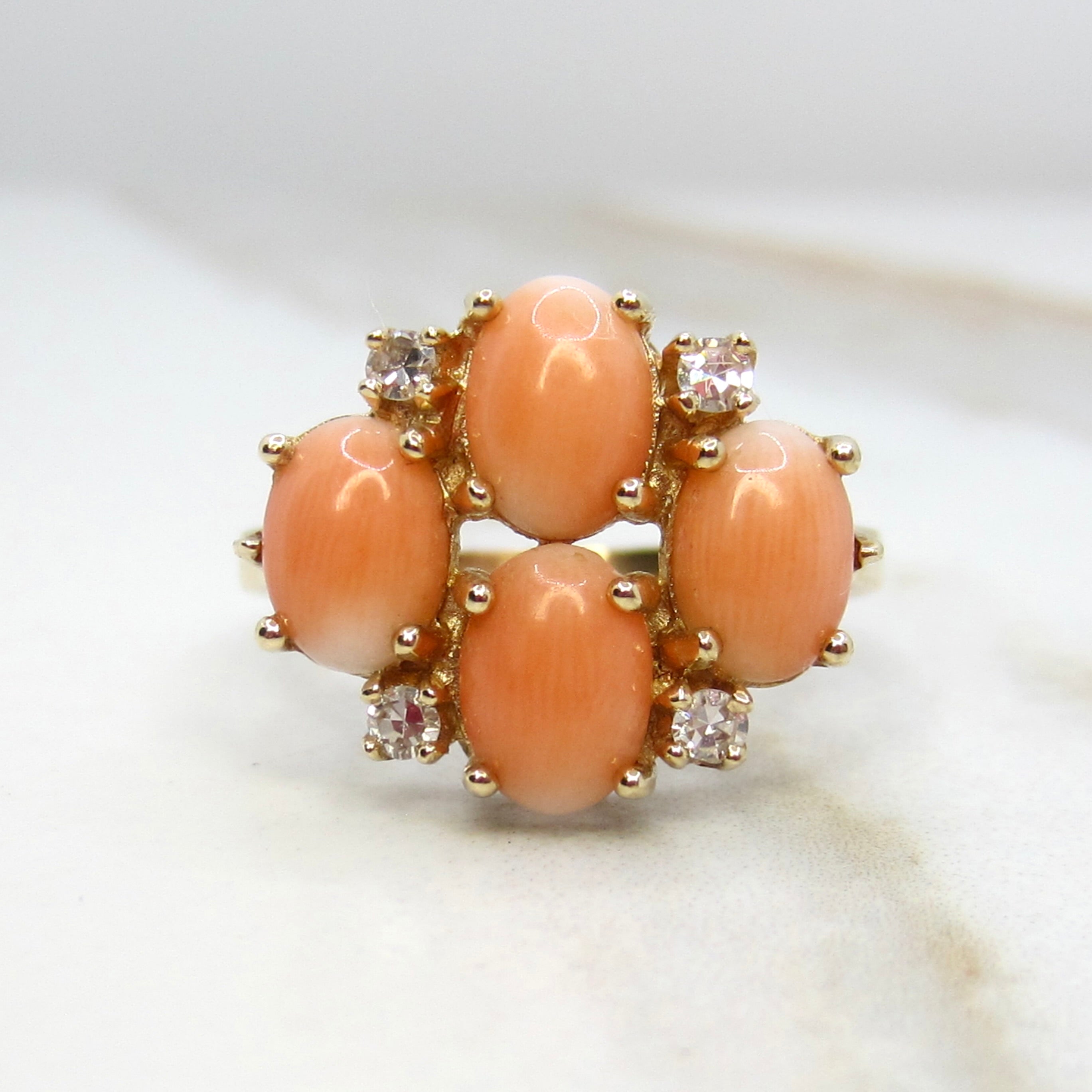 Vintage 14k Gold Coral and Diamond Cluster Ring c1970s