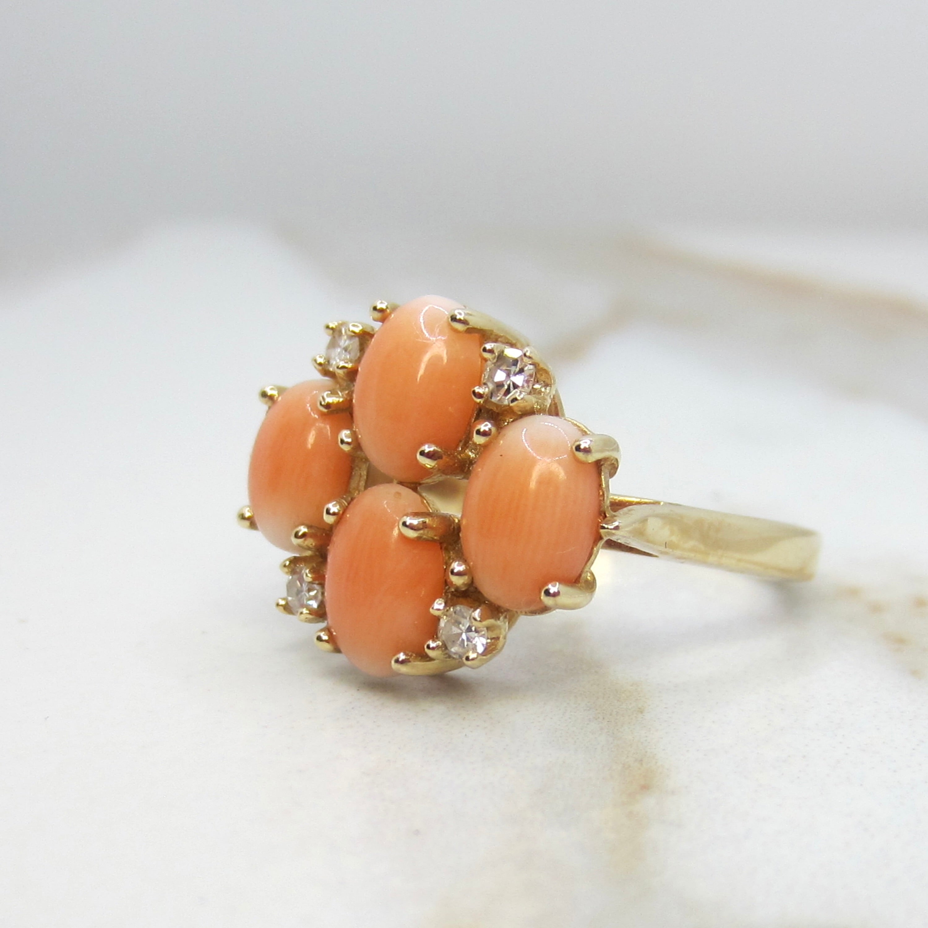Vintage 14k Gold Coral and Diamond Cluster Ring c1970s