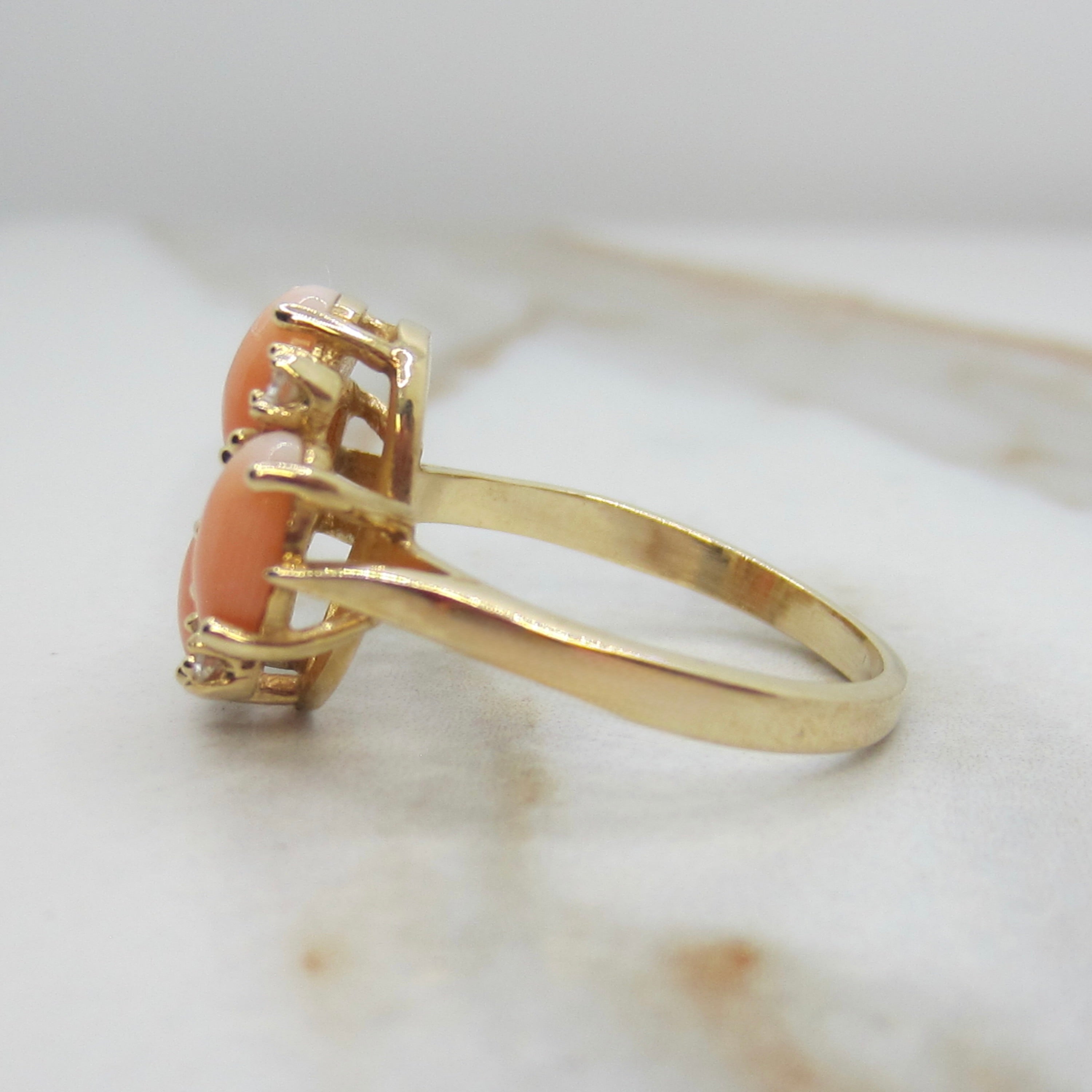 Vintage 14k Gold Coral and Diamond Cluster Ring c1970s