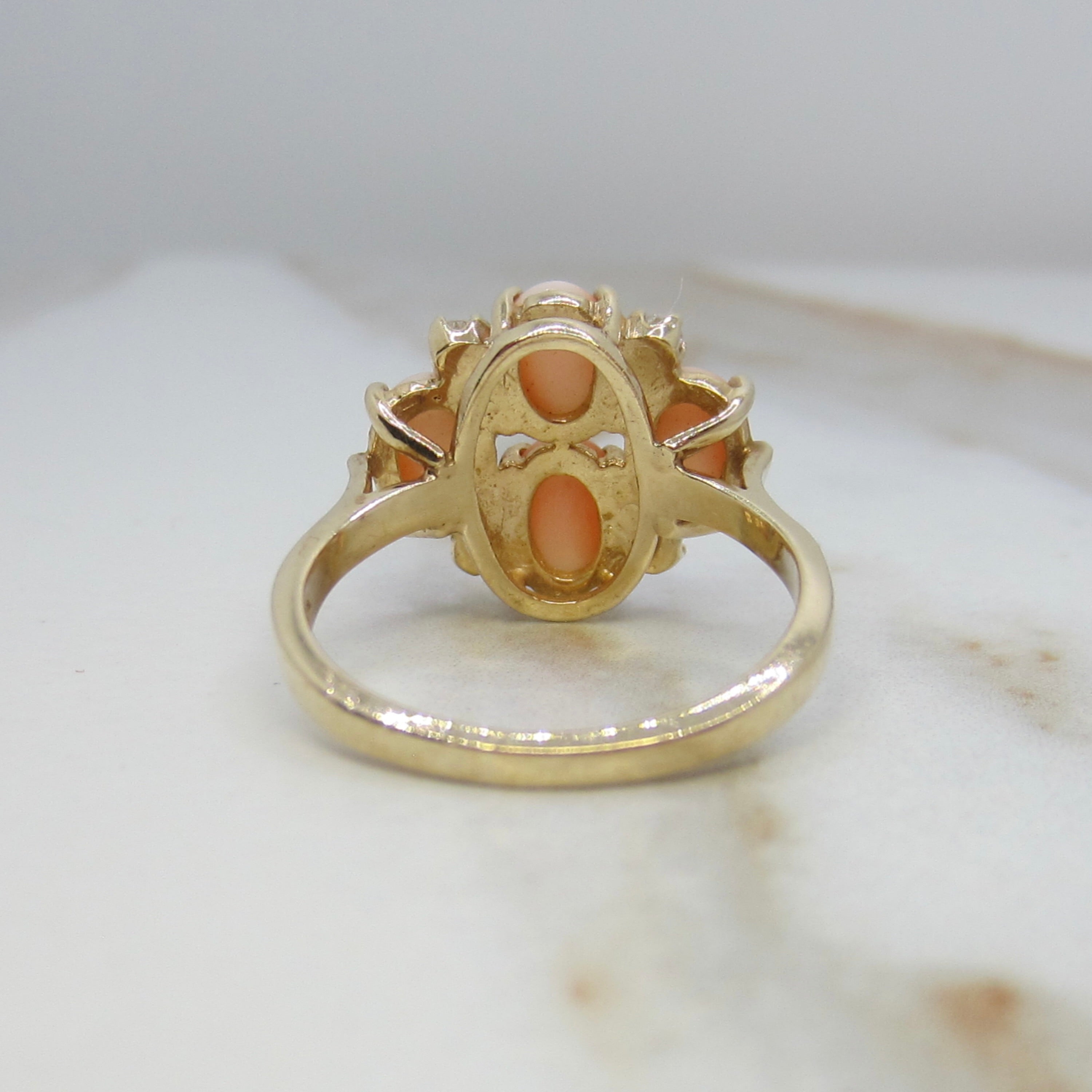 Vintage 14k Gold Coral and Diamond Cluster Ring c1970s