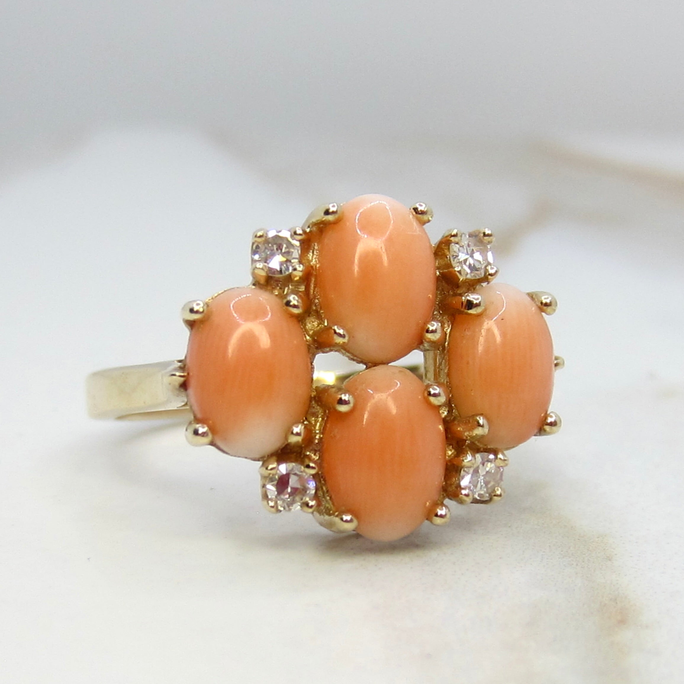 Vintage 14k Gold Coral and Diamond Cluster Ring c1970s