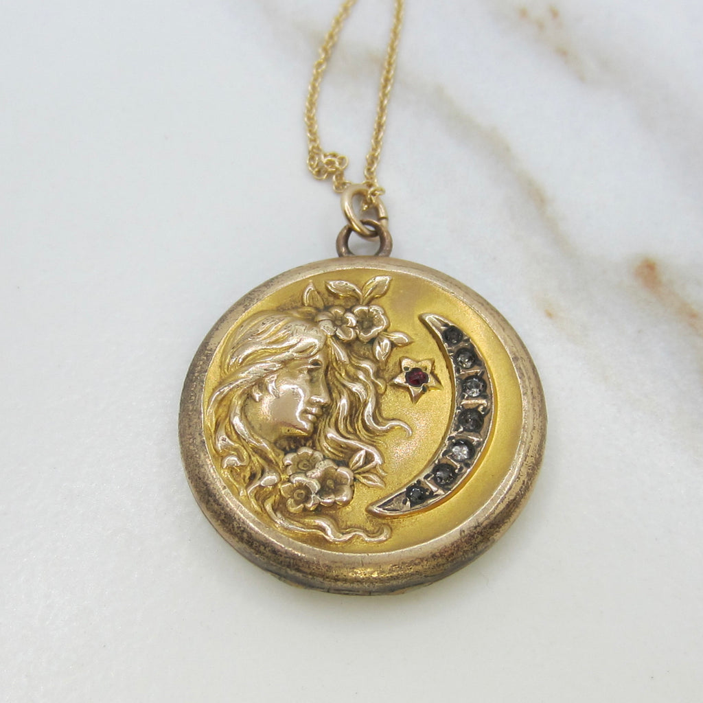 Antique Art Nouveau Lady & Crescent Moon Locket Necklace | Monogrammed Back | Floral Repoussé Design c.1910