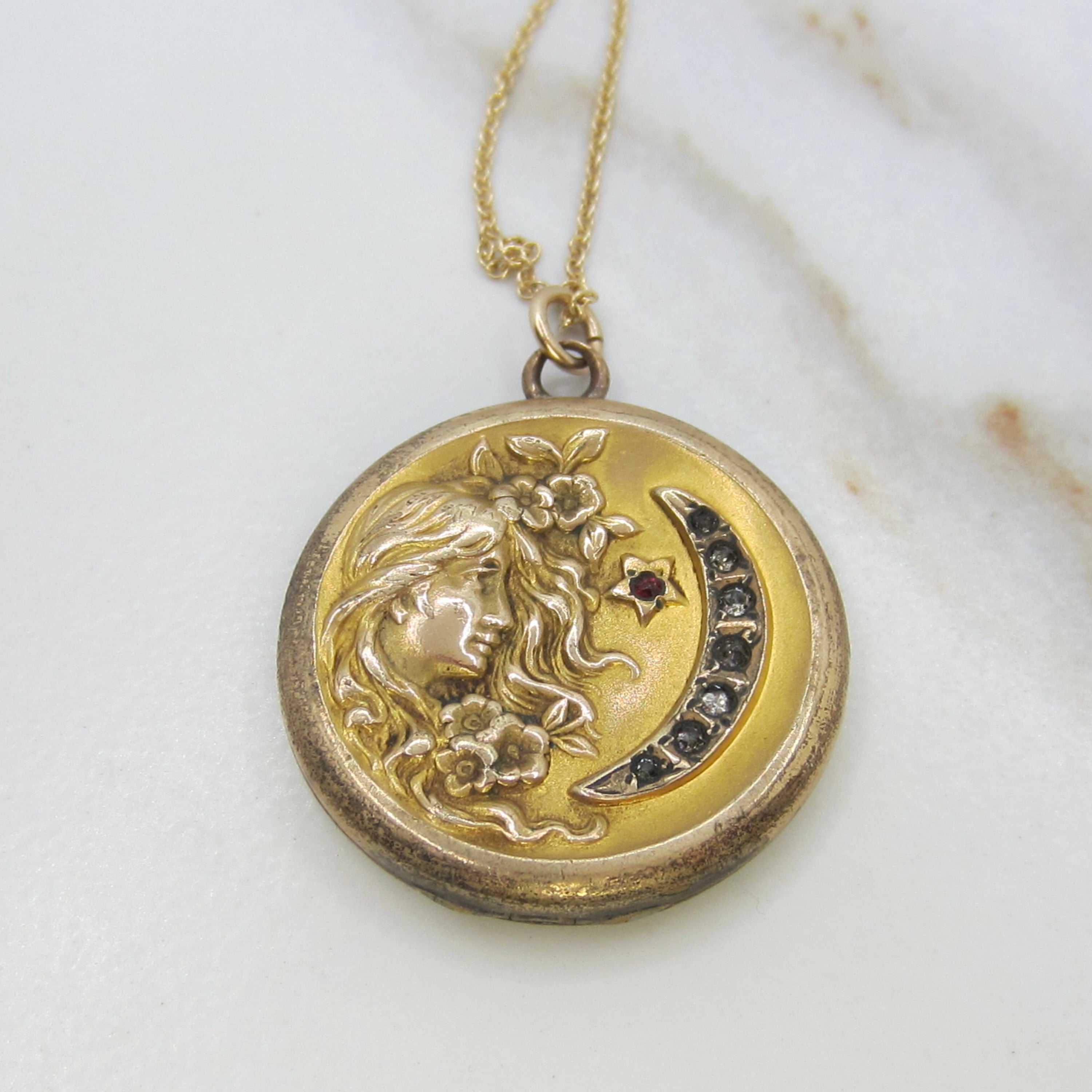 Antique Art Nouveau Lady & Crescent Moon Locket Necklace | Monogrammed Back | Floral Repoussé Design c.1910