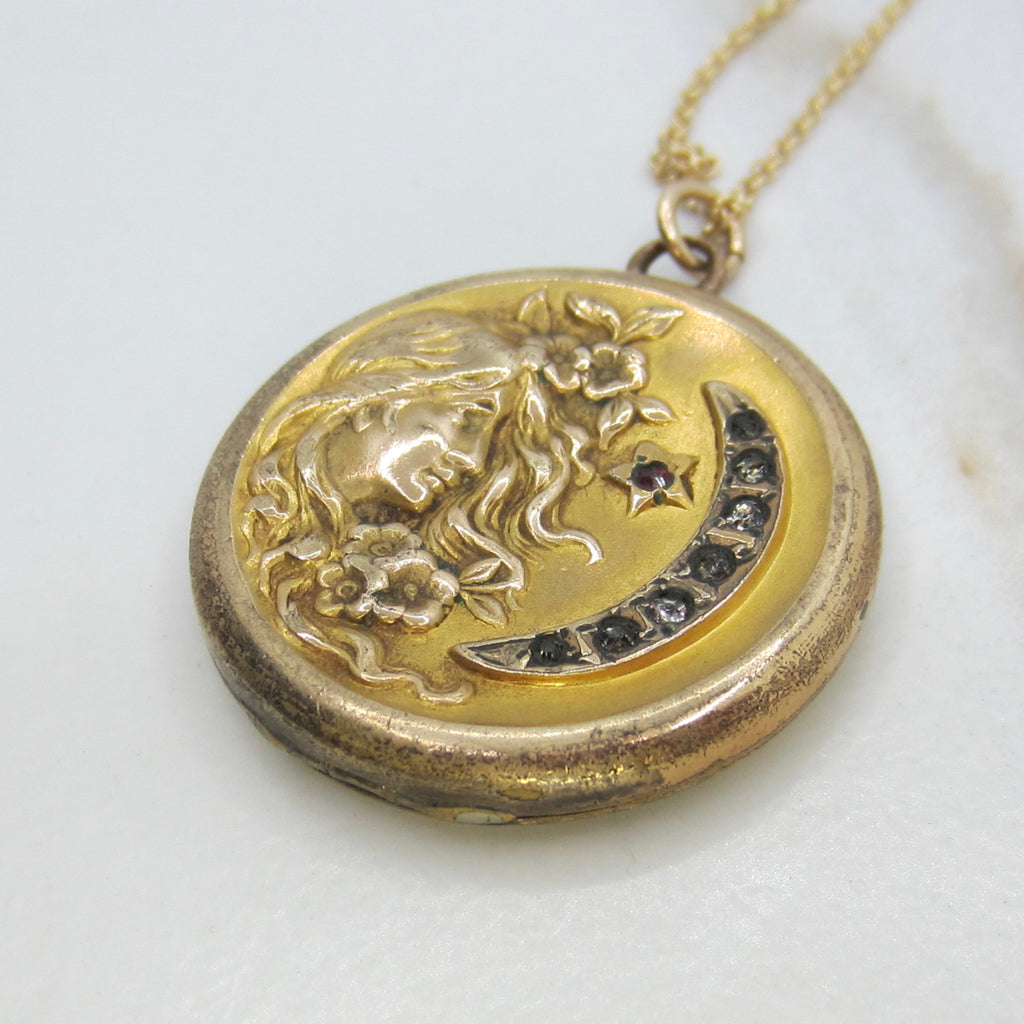 Antique Art Nouveau Lady & Crescent Moon Locket Necklace | Monogrammed Back | Floral Repoussé Design c.1910