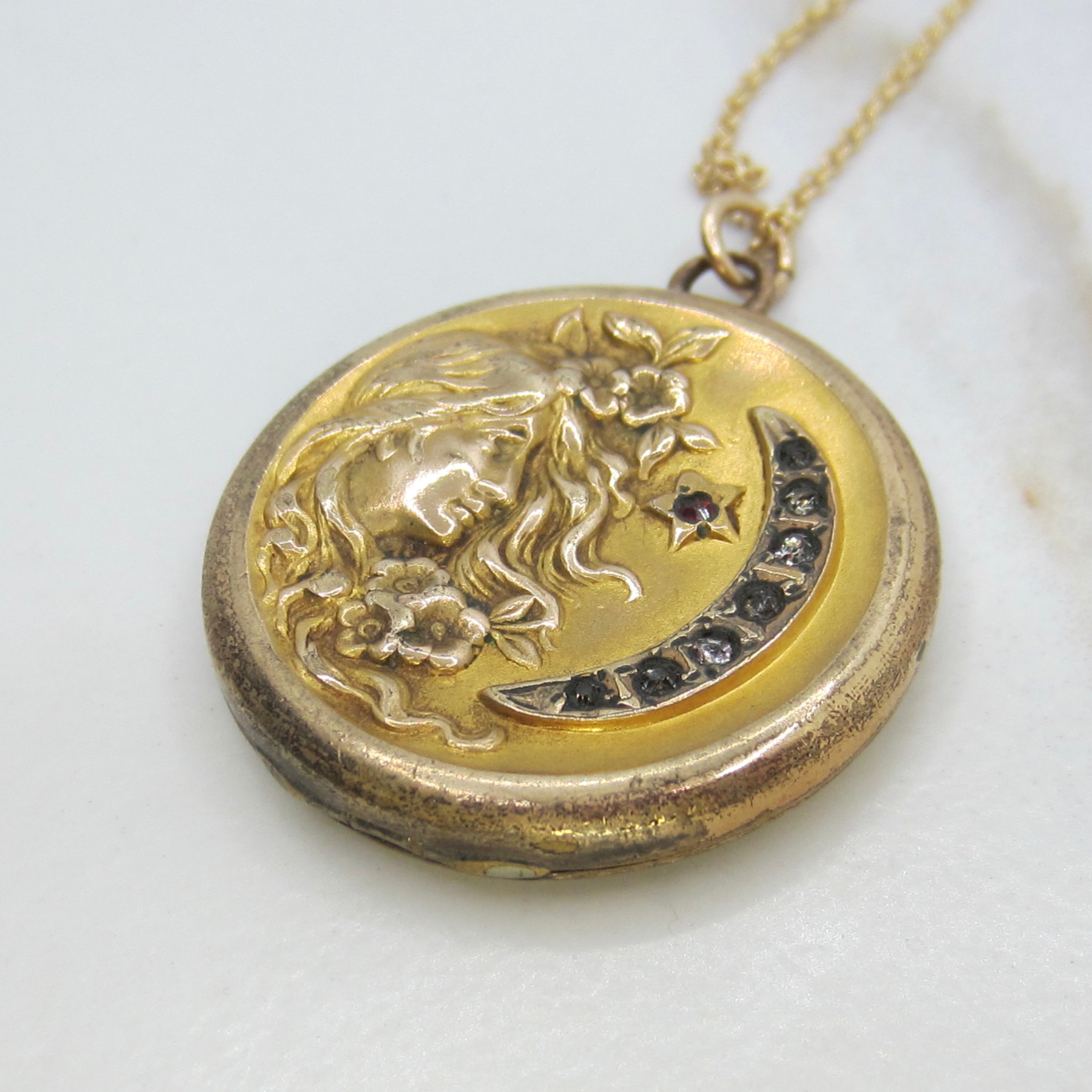 Antique Art Nouveau Lady & Crescent Moon Locket Necklace | Monogrammed Back | Floral Repoussé Design c.1910