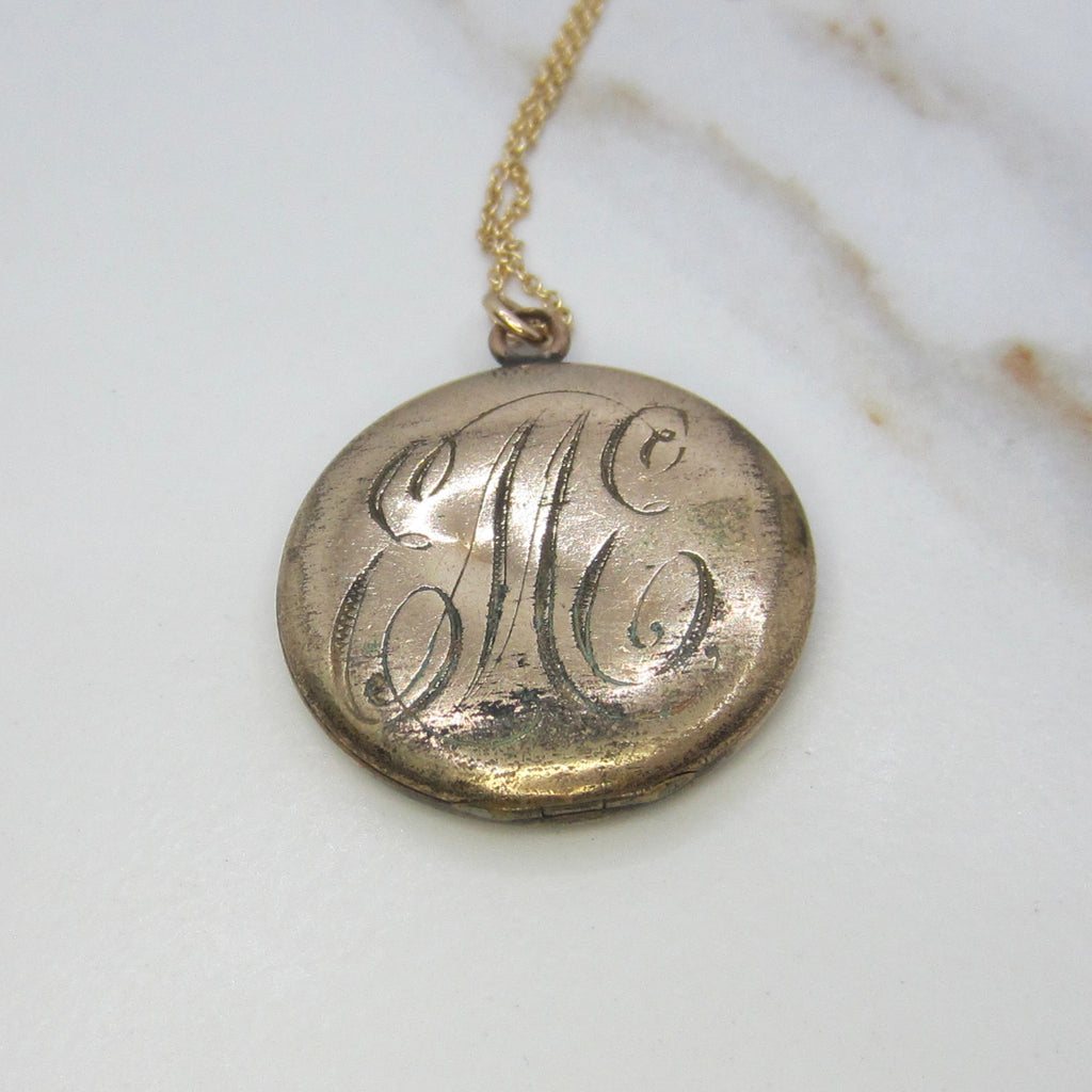 Antique Art Nouveau Lady & Crescent Moon Locket Necklace | Monogrammed Back | Floral Repoussé Design c.1910