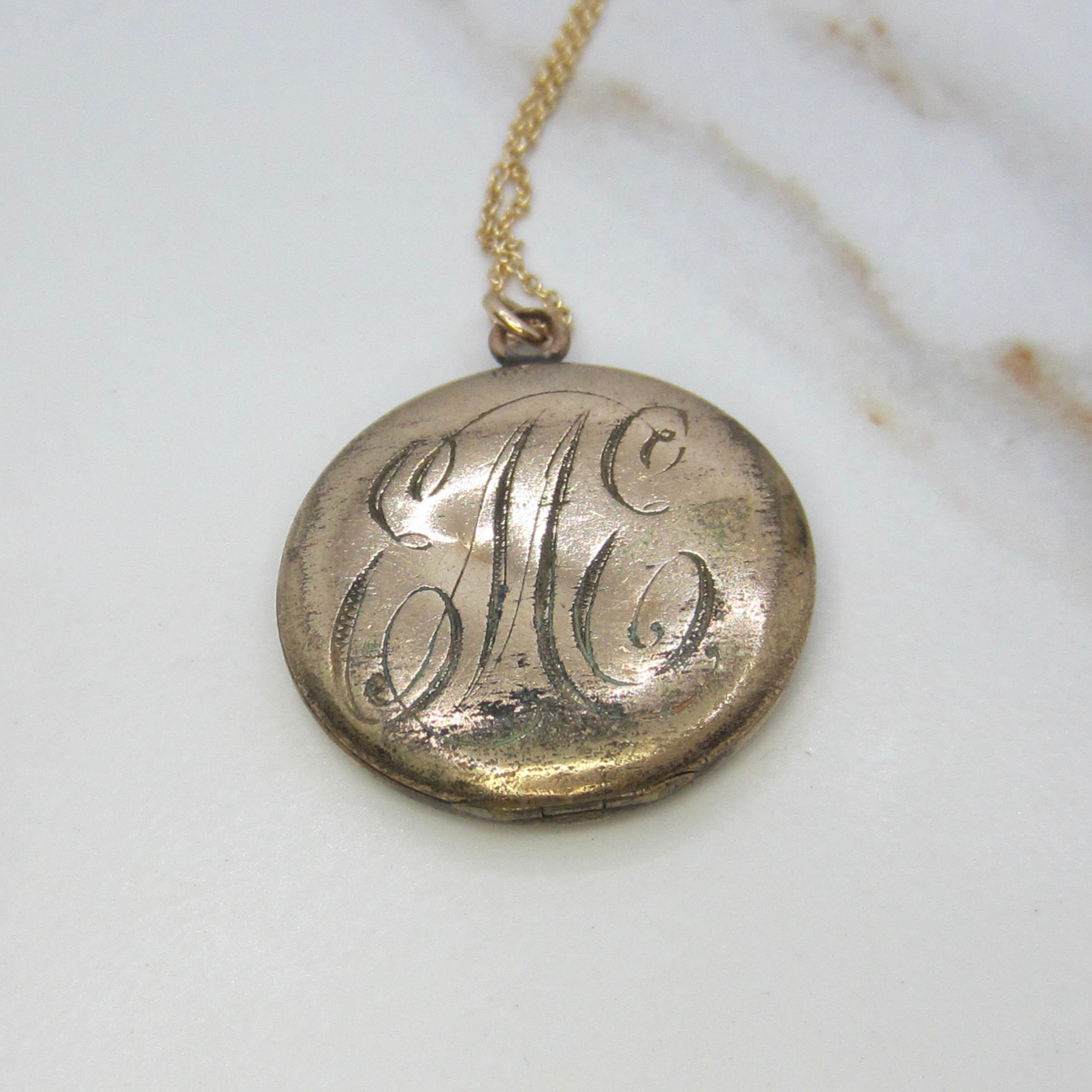 Antique Art Nouveau Lady & Crescent Moon Locket Necklace | Monogrammed Back | Floral Repoussé Design c.1910