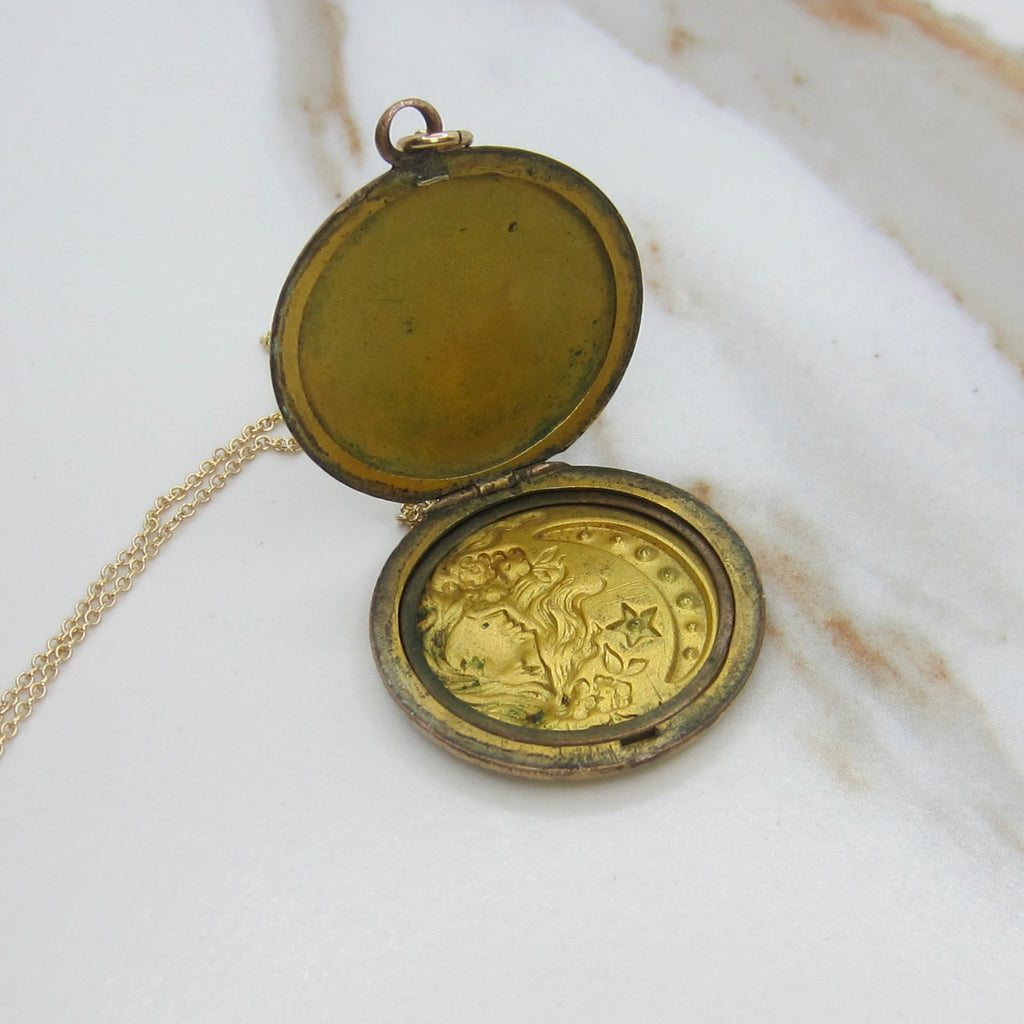 Antique Art Nouveau Lady & Crescent Moon Locket Necklace | Monogrammed Back | Floral Repoussé Design c.1910