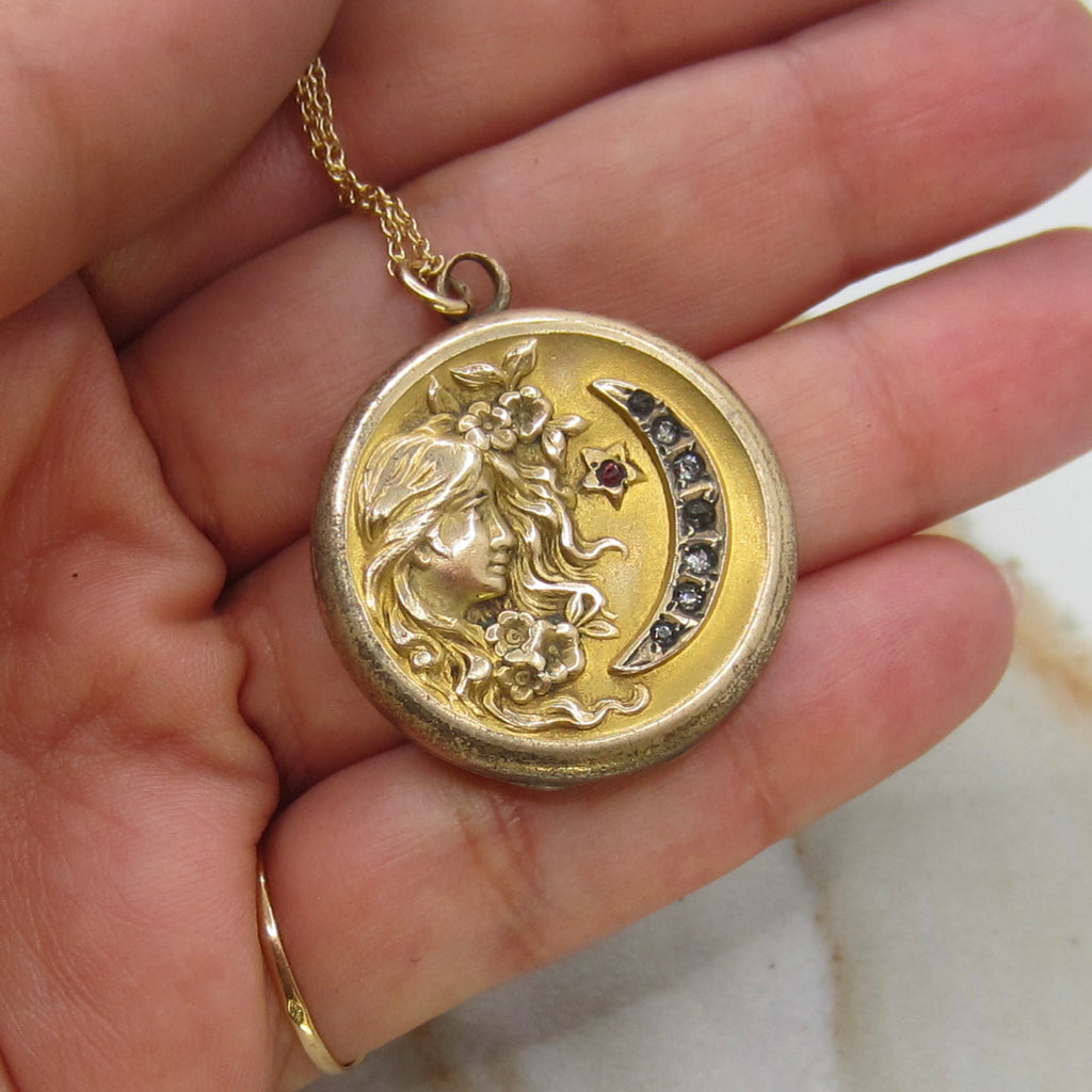 Antique Art Nouveau Lady & Crescent Moon Locket Necklace | Monogrammed Back | Floral Repoussé Design c.1910