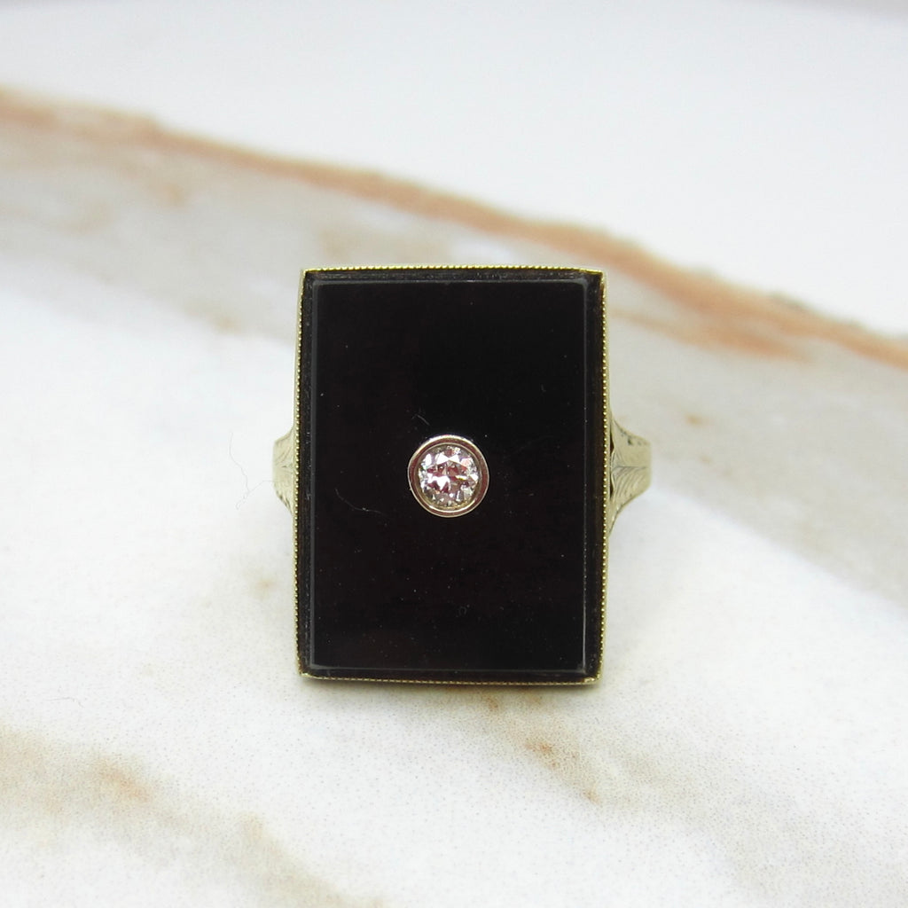 Antique 14k Gold Onyx and Diamond Rectangle Ring c.1920s