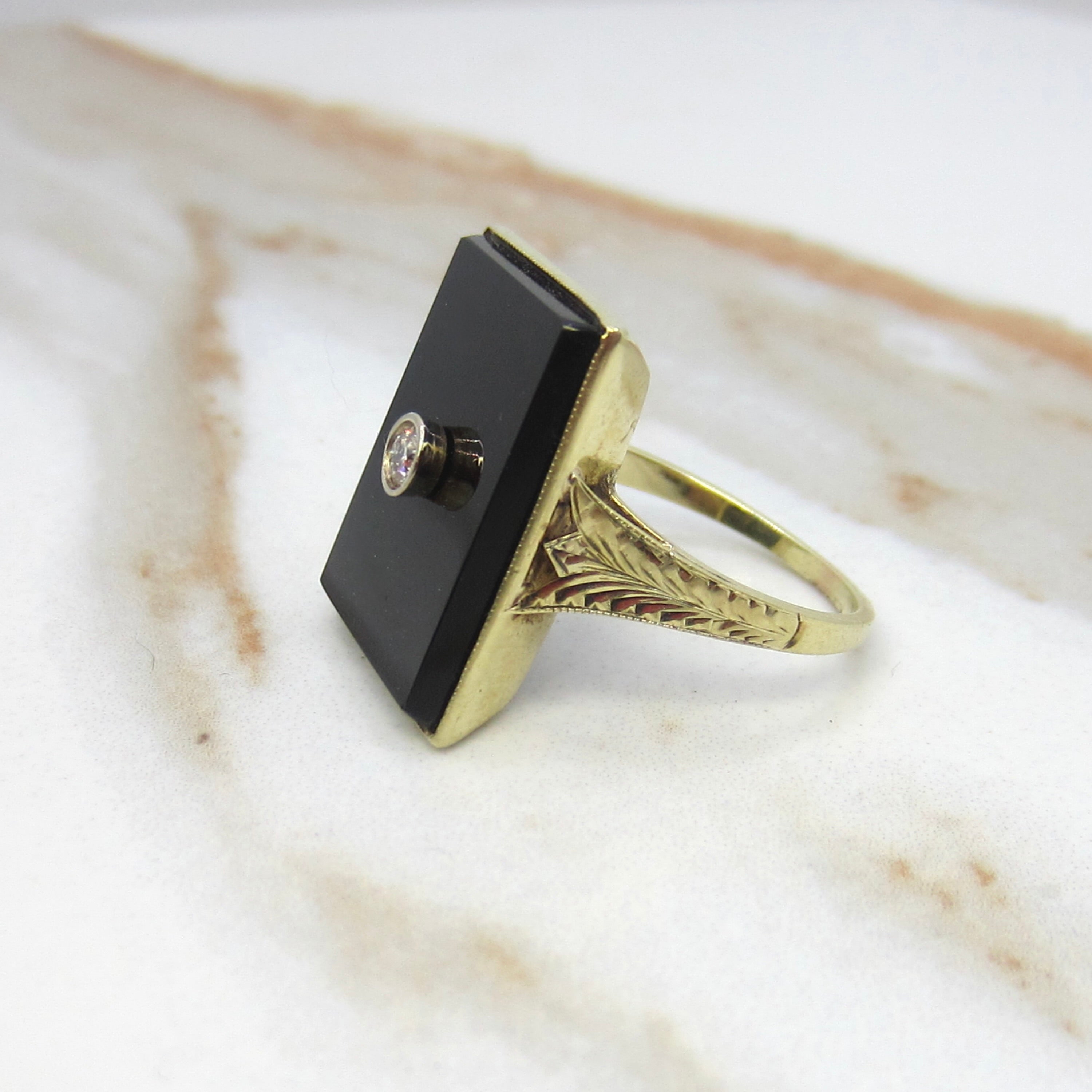 Antique 14k Gold Onyx and Diamond Rectangle Ring c.1920s