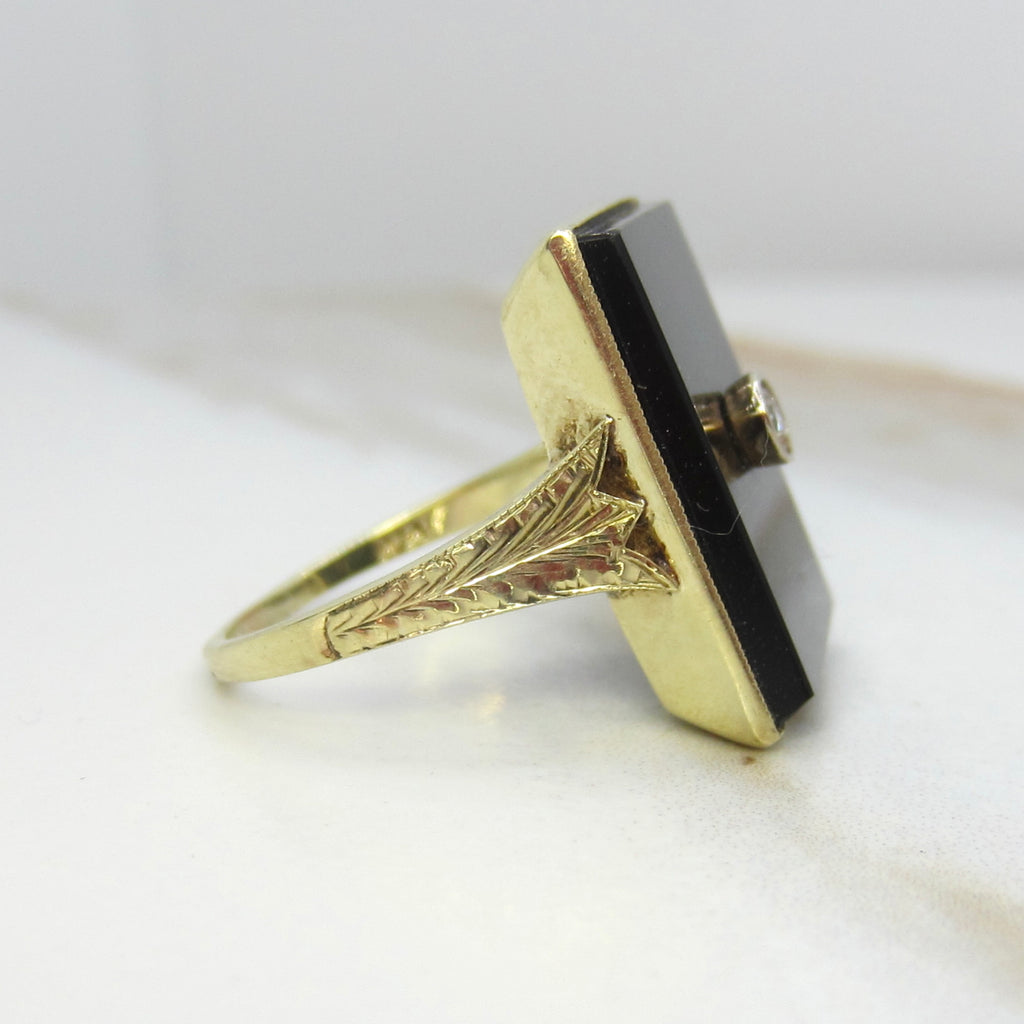 Antique 14k Gold Onyx and Diamond Rectangle Ring c.1920s