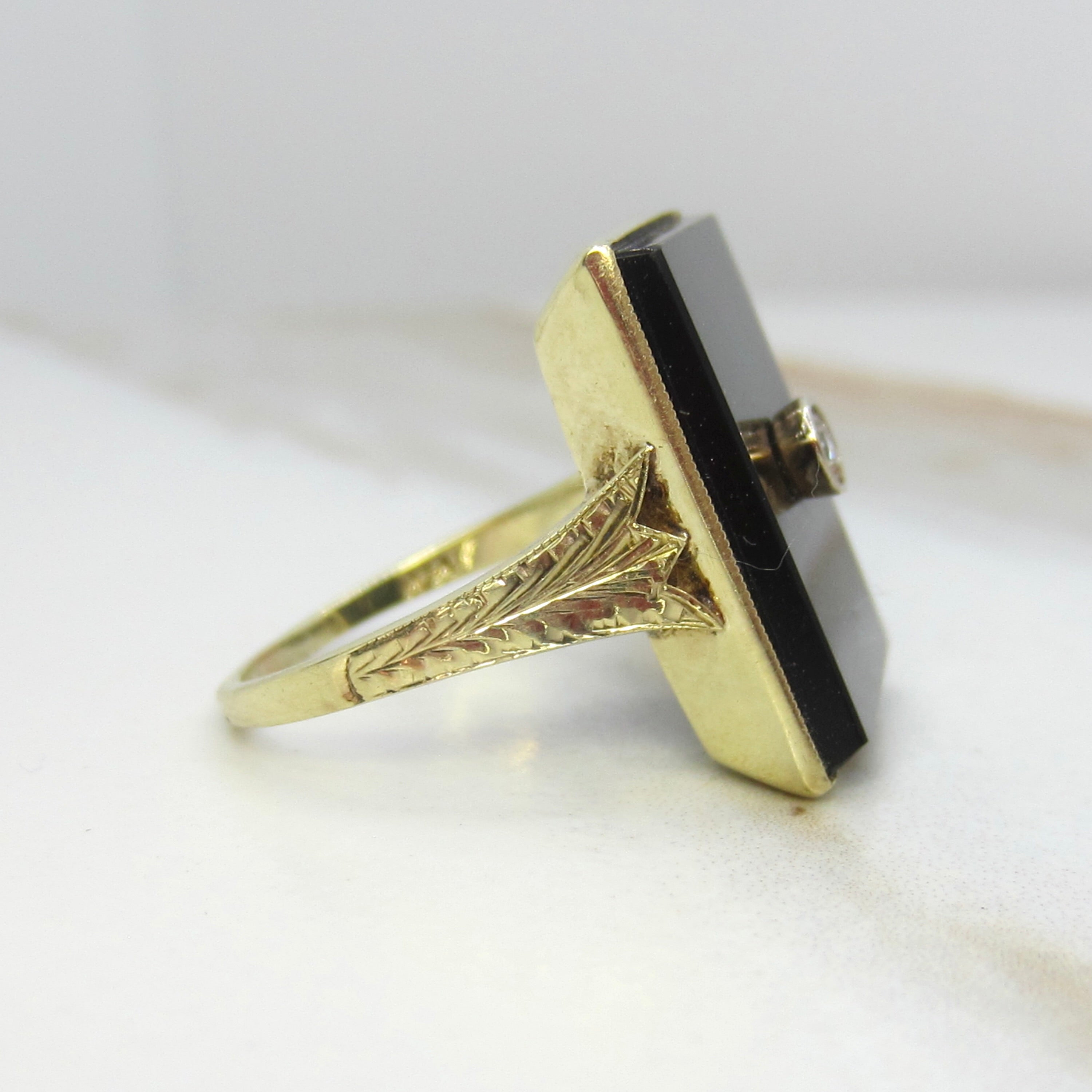 Antique 14k Gold Onyx and Diamond Rectangle Ring c.1920s