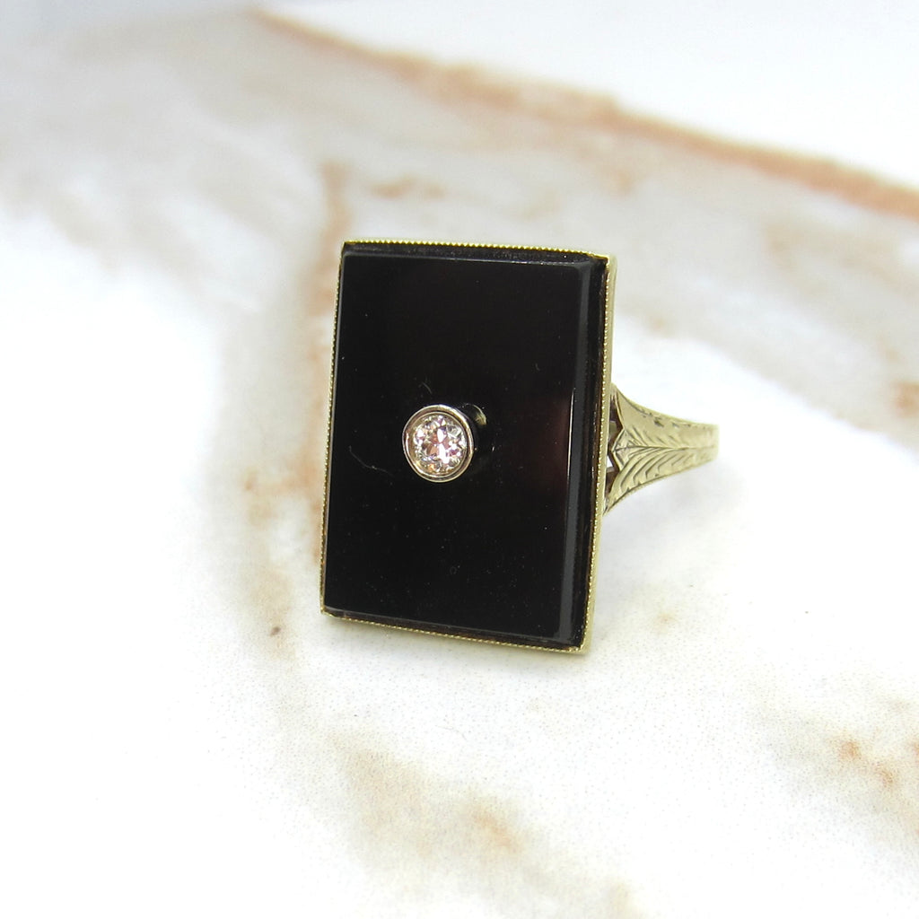 Antique 14k Gold Onyx and Diamond Rectangle Ring c.1920s