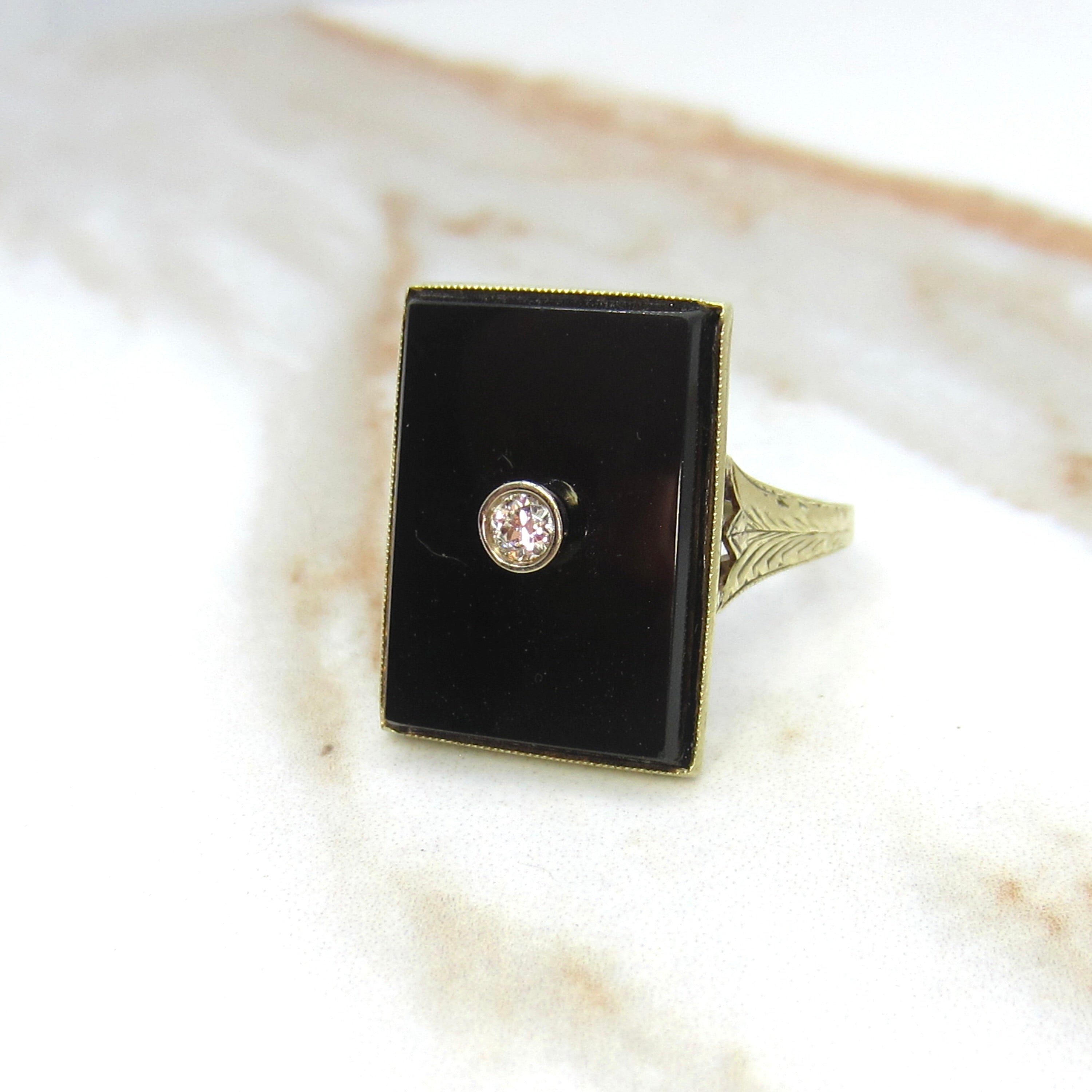 Antique 14k Gold Onyx and Diamond Rectangle Ring c.1920s