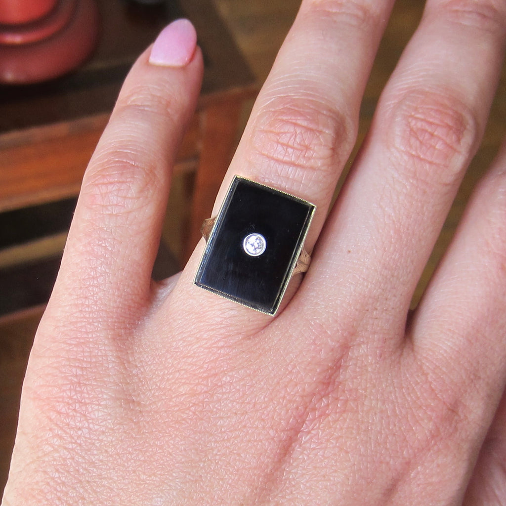 Antique 14k Gold Onyx and Diamond Rectangle Ring c.1920s