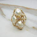 Vintage 14k Gold Brutalist Baroque Pearl and Diamond Ring c.1970s