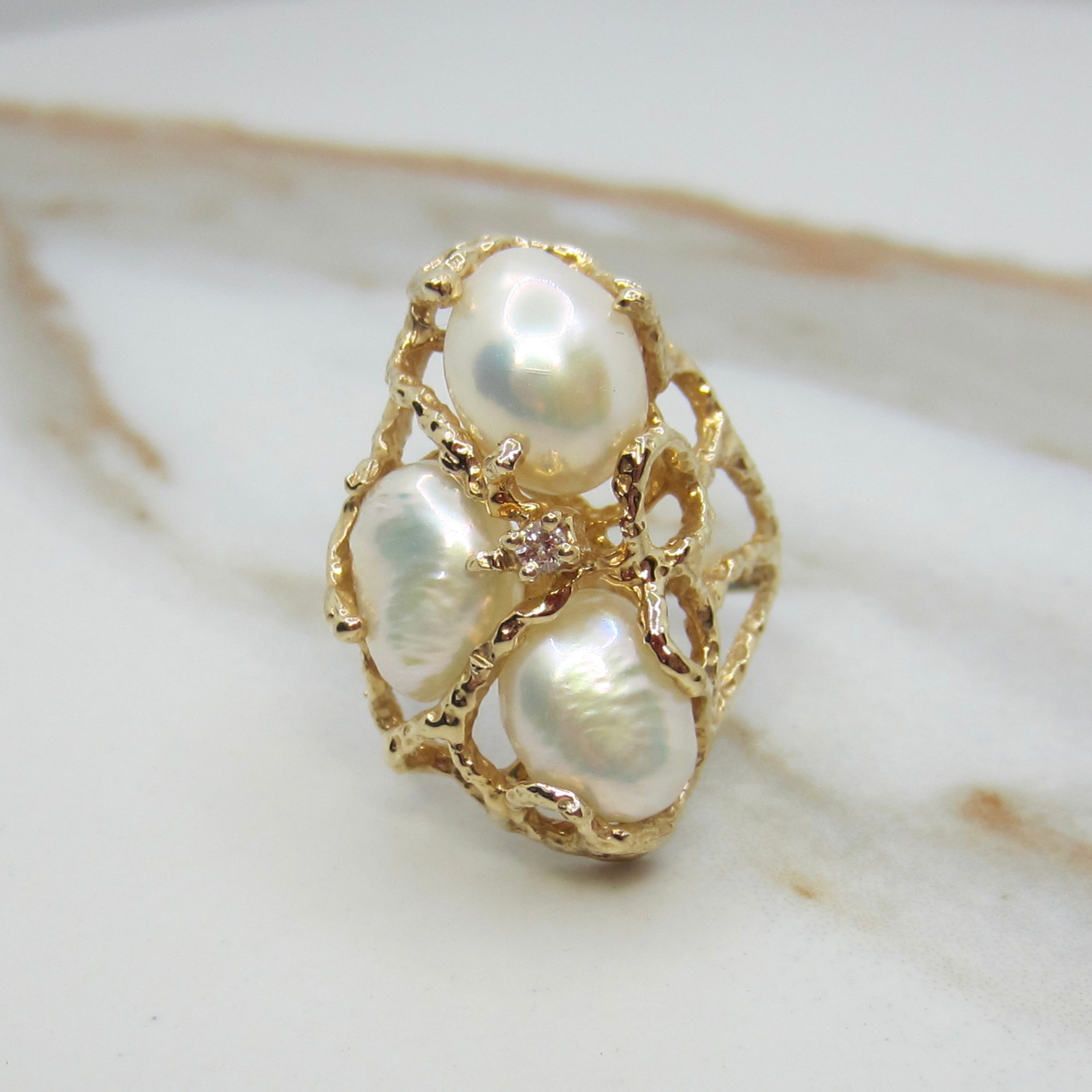 Vintage 14k Gold Brutalist Baroque Pearl and Diamond Ring c.1970s