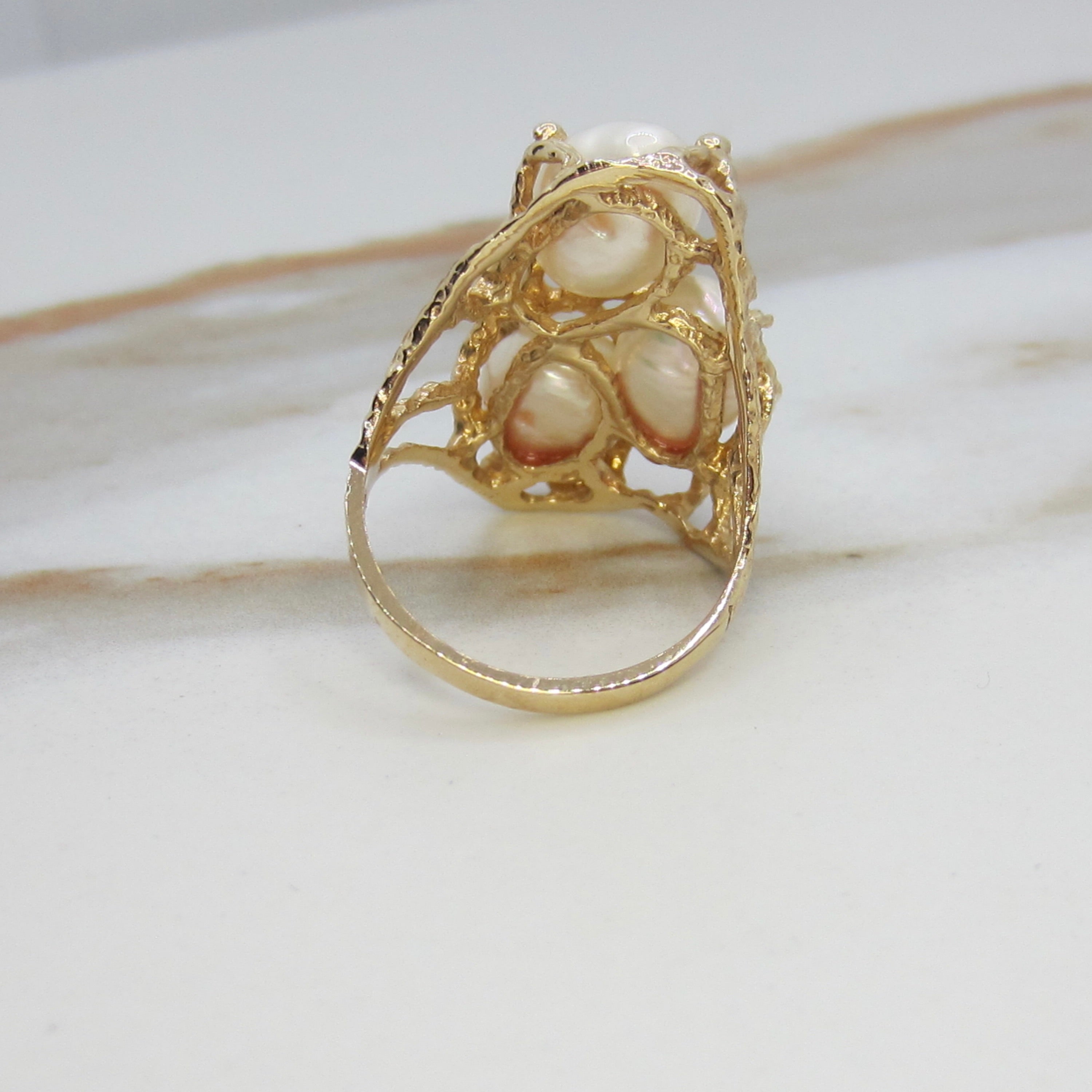 Vintage 14k Gold Brutalist Baroque Pearl and Diamond Ring c.1970s