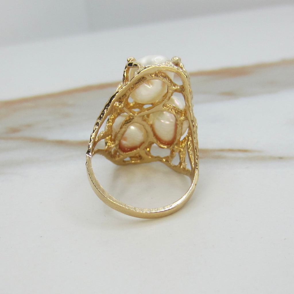 Vintage 14k Gold Brutalist Baroque Pearl and Diamond Ring c.1970s