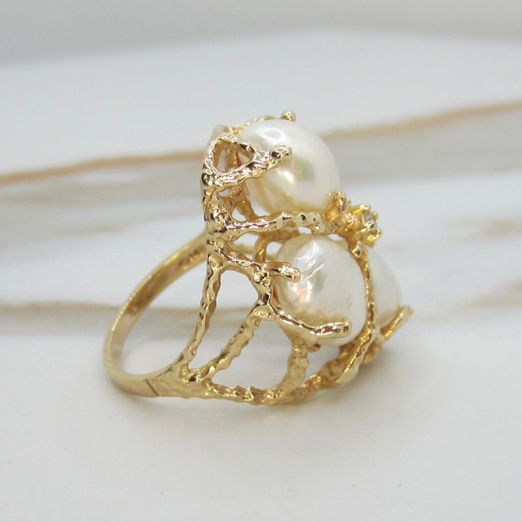 Vintage 14k Gold Brutalist Baroque Pearl and Diamond Ring c.1970s