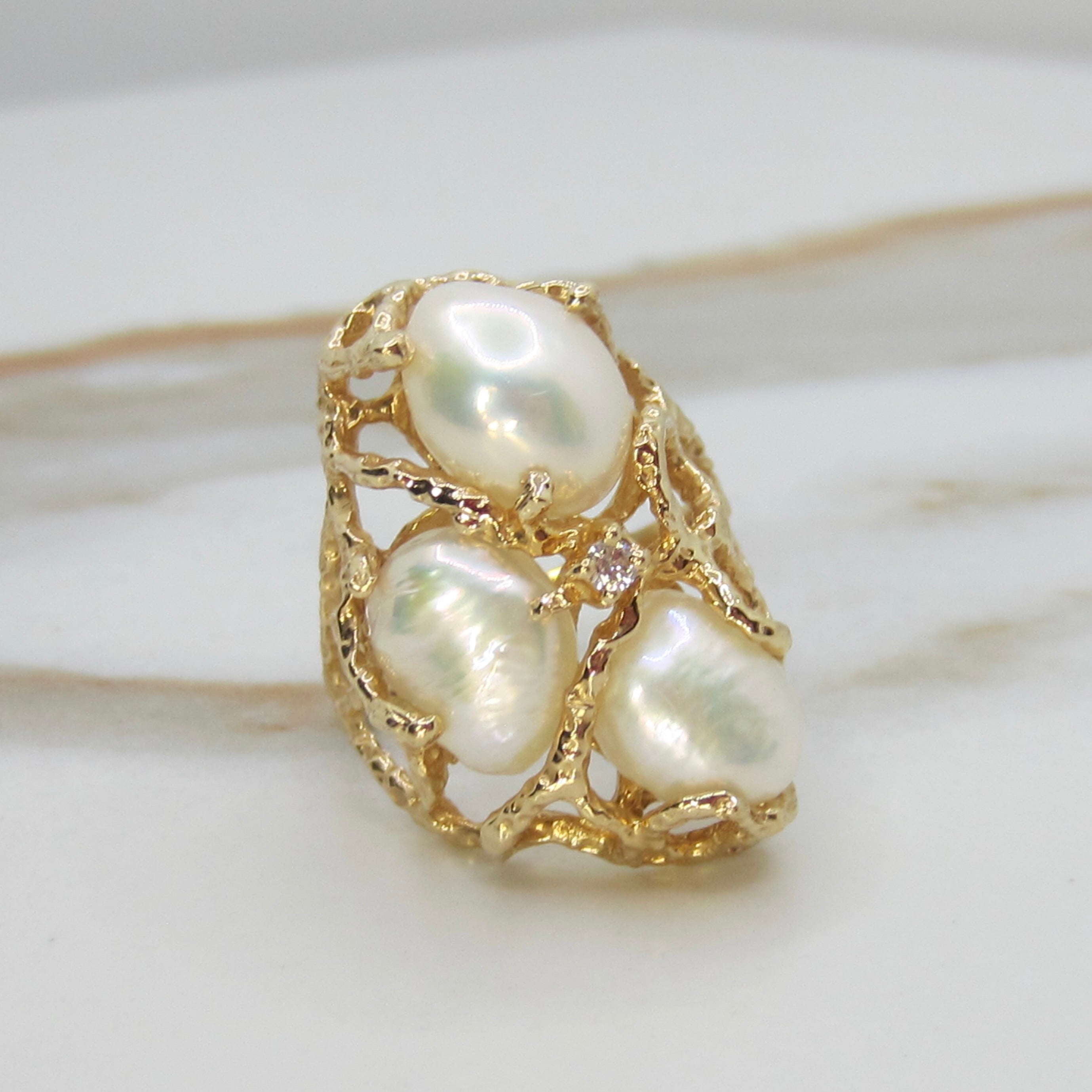 Vintage 14k Gold Brutalist Baroque Pearl and Diamond Ring c.1970s