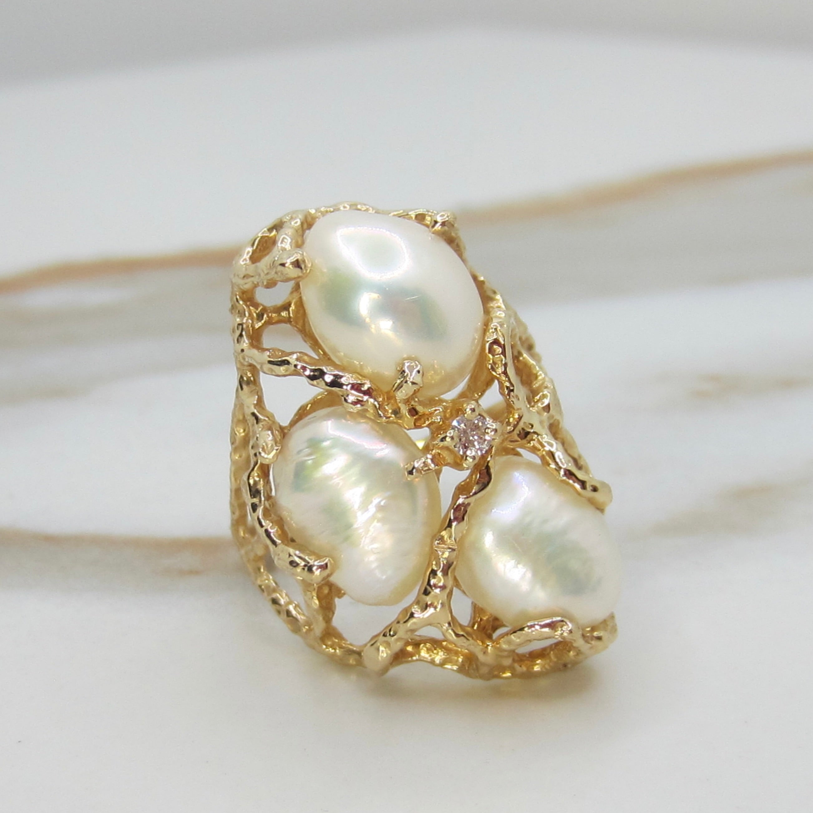 Vintage 14k Gold Brutalist Baroque Pearl and Diamond Ring c.1970s