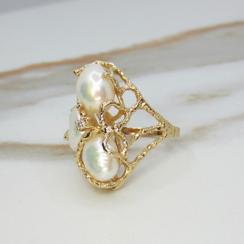 Vintage 14k Gold Brutalist Baroque Pearl and Diamond Ring c.1970s
