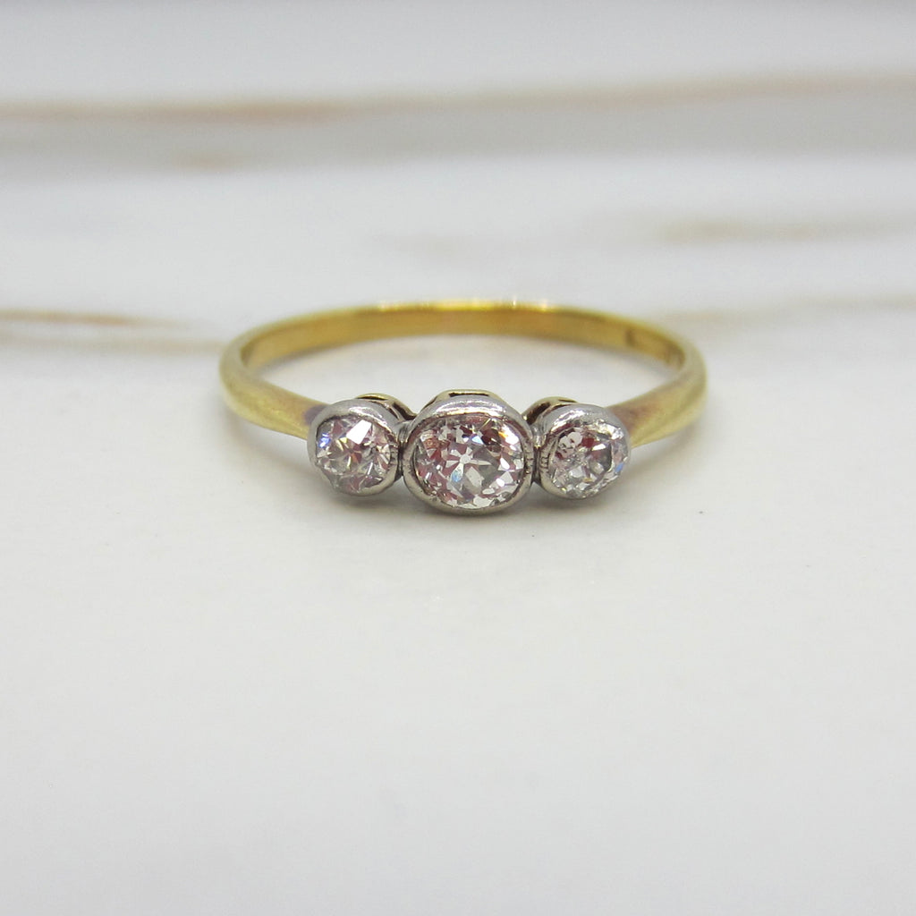 Antique Edwardian Old Mine Cut Diamond Three Stone Stacking Band Ring 18k Gold and Platinum c.1900