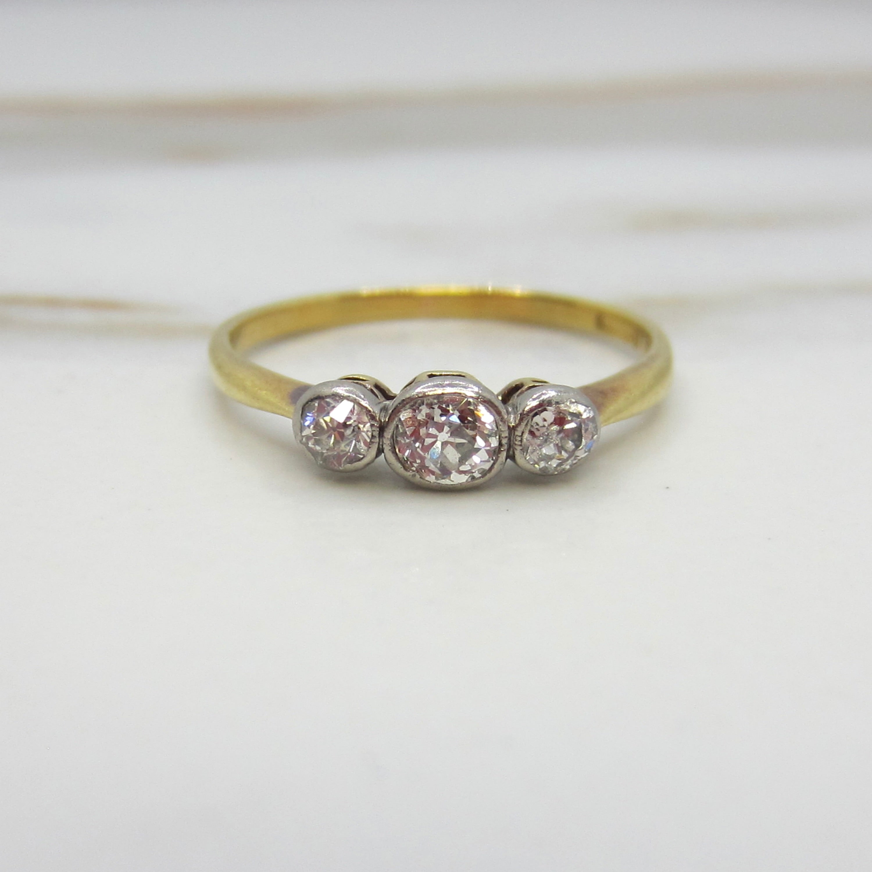Antique Edwardian Old Mine Cut Diamond Three Stone Stacking Band Ring 18k Gold and Platinum c.1900