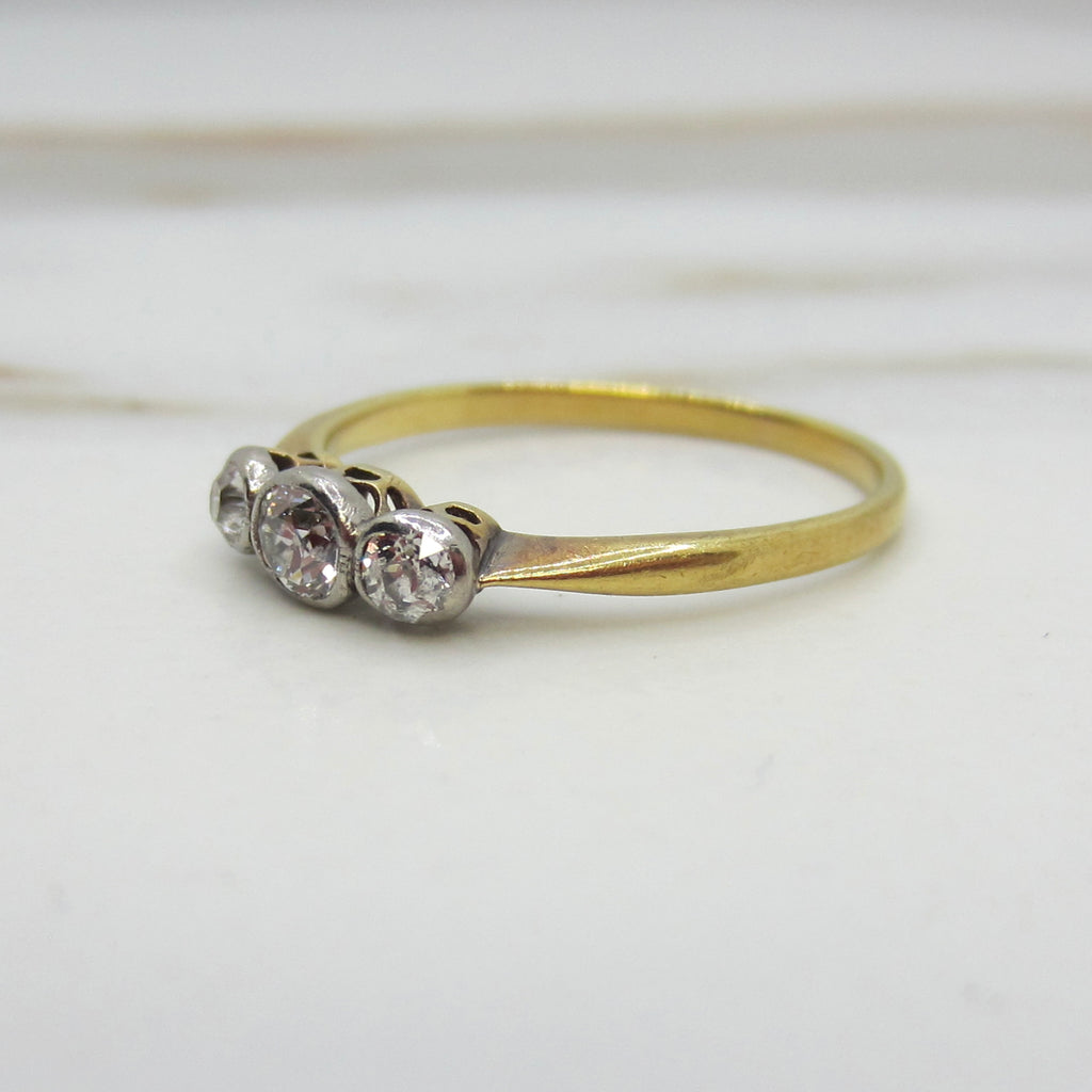Antique Edwardian Old Mine Cut Diamond Three Stone Stacking Band Ring 18k Gold and Platinum c.1900