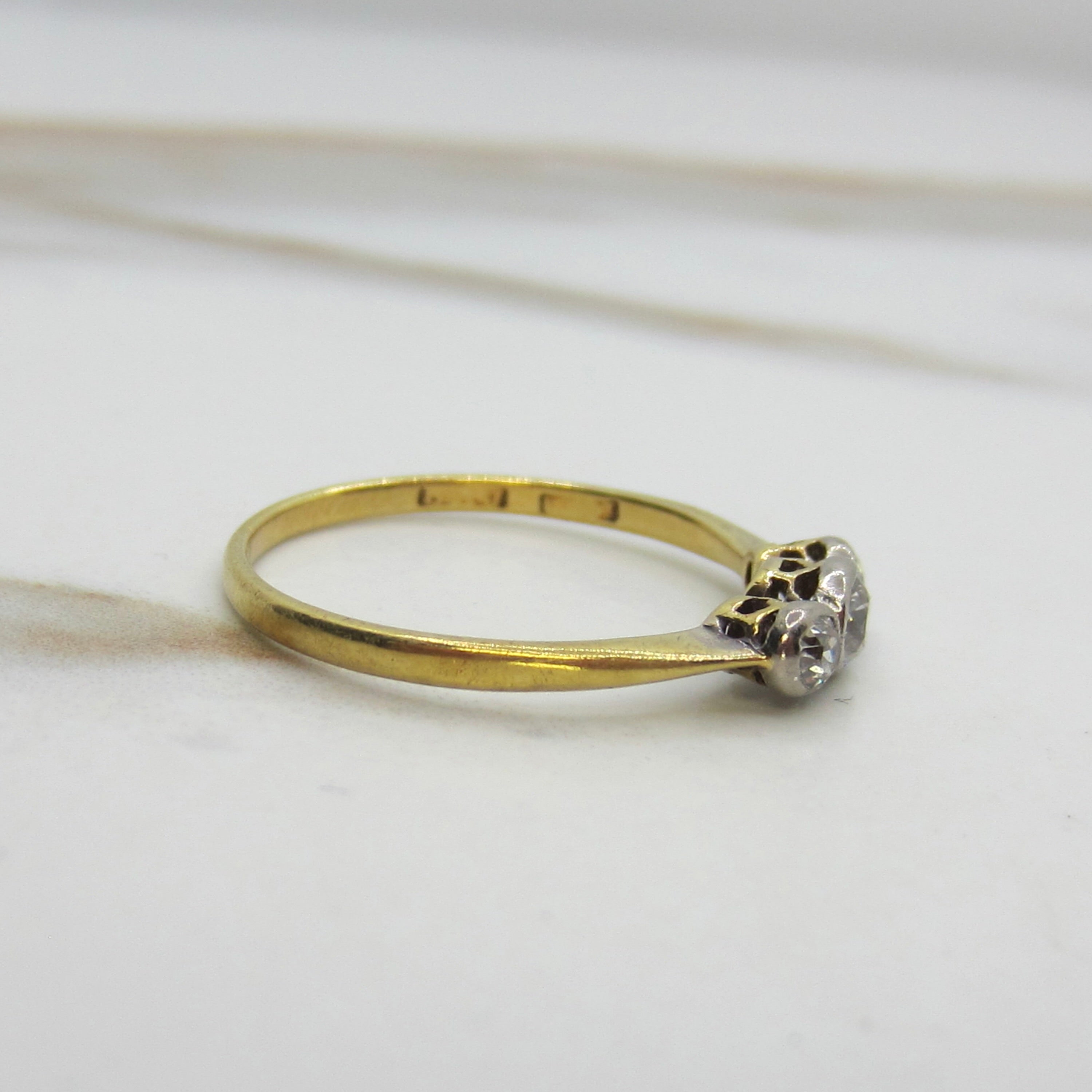 Antique Edwardian Old Mine Cut Diamond Three Stone Stacking Band Ring 18k Gold and Platinum c.1900