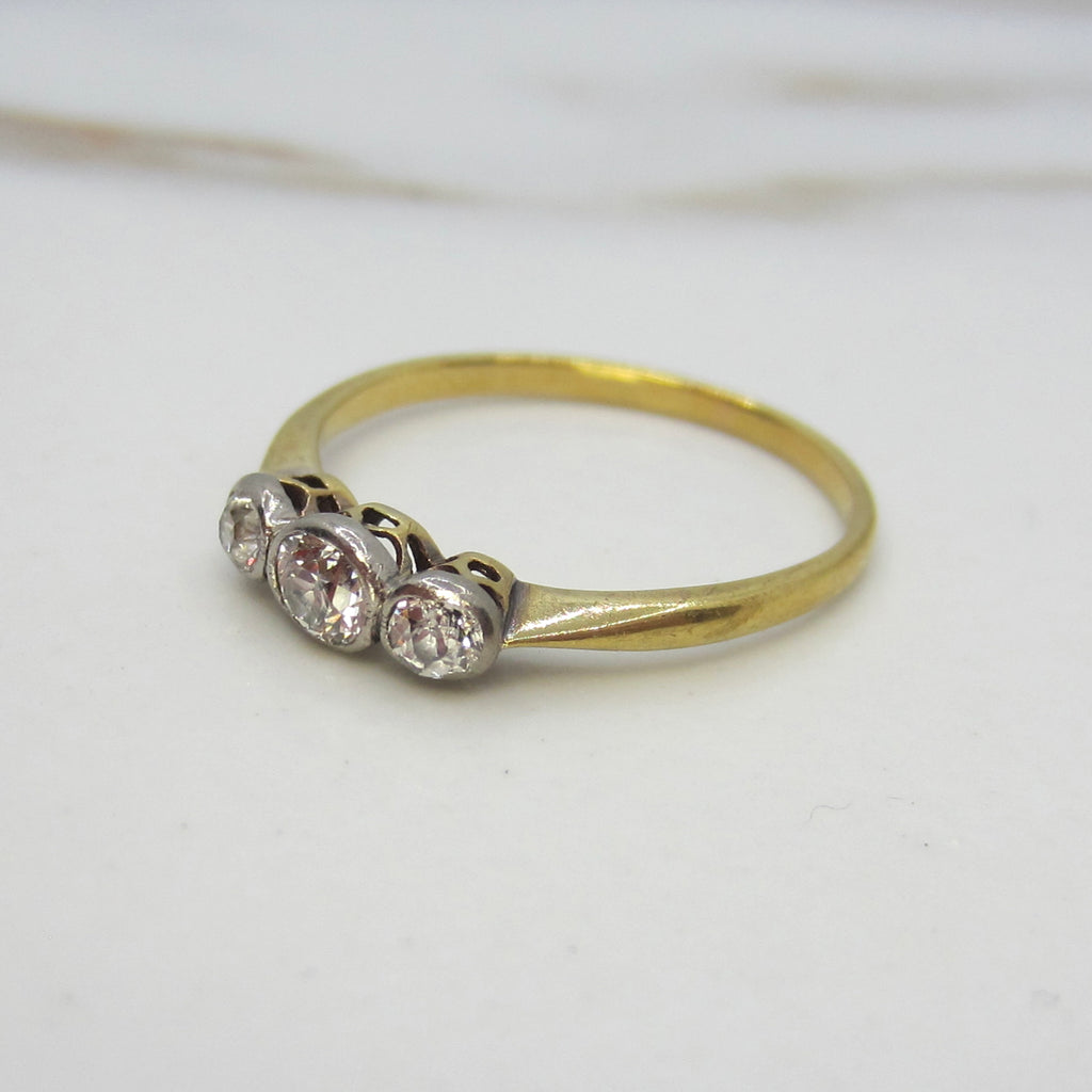 Antique Edwardian Old Mine Cut Diamond Three Stone Stacking Band Ring 18k Gold and Platinum c.1900