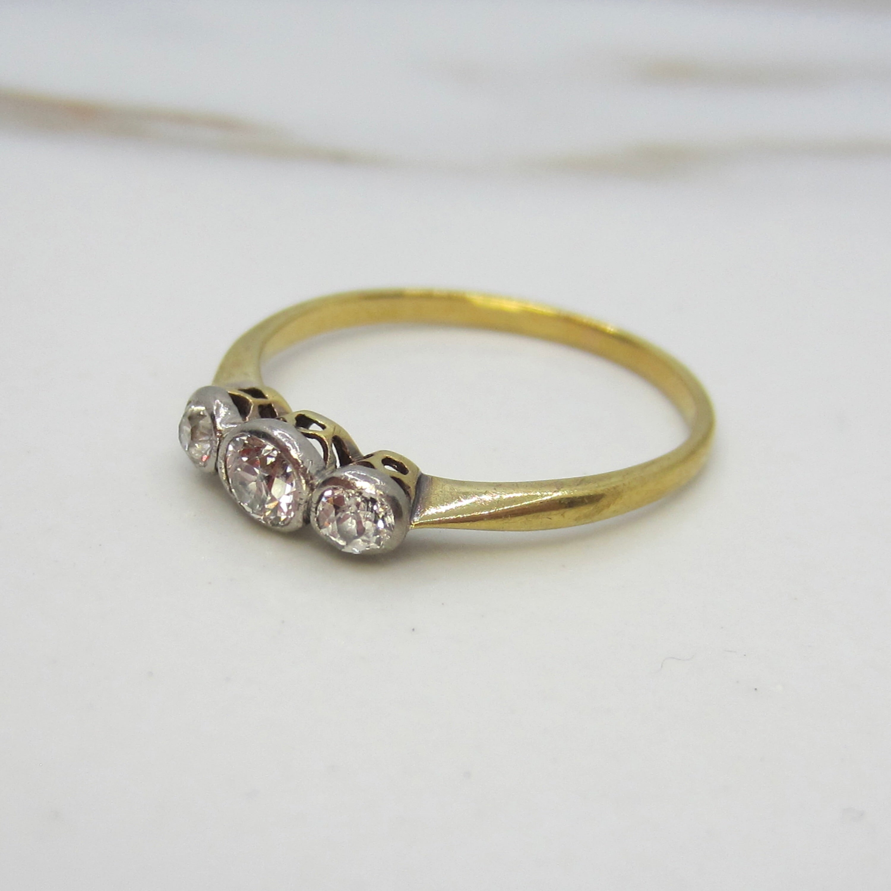 Antique Edwardian Old Mine Cut Diamond Three Stone Stacking Band Ring 18k Gold and Platinum c.1900