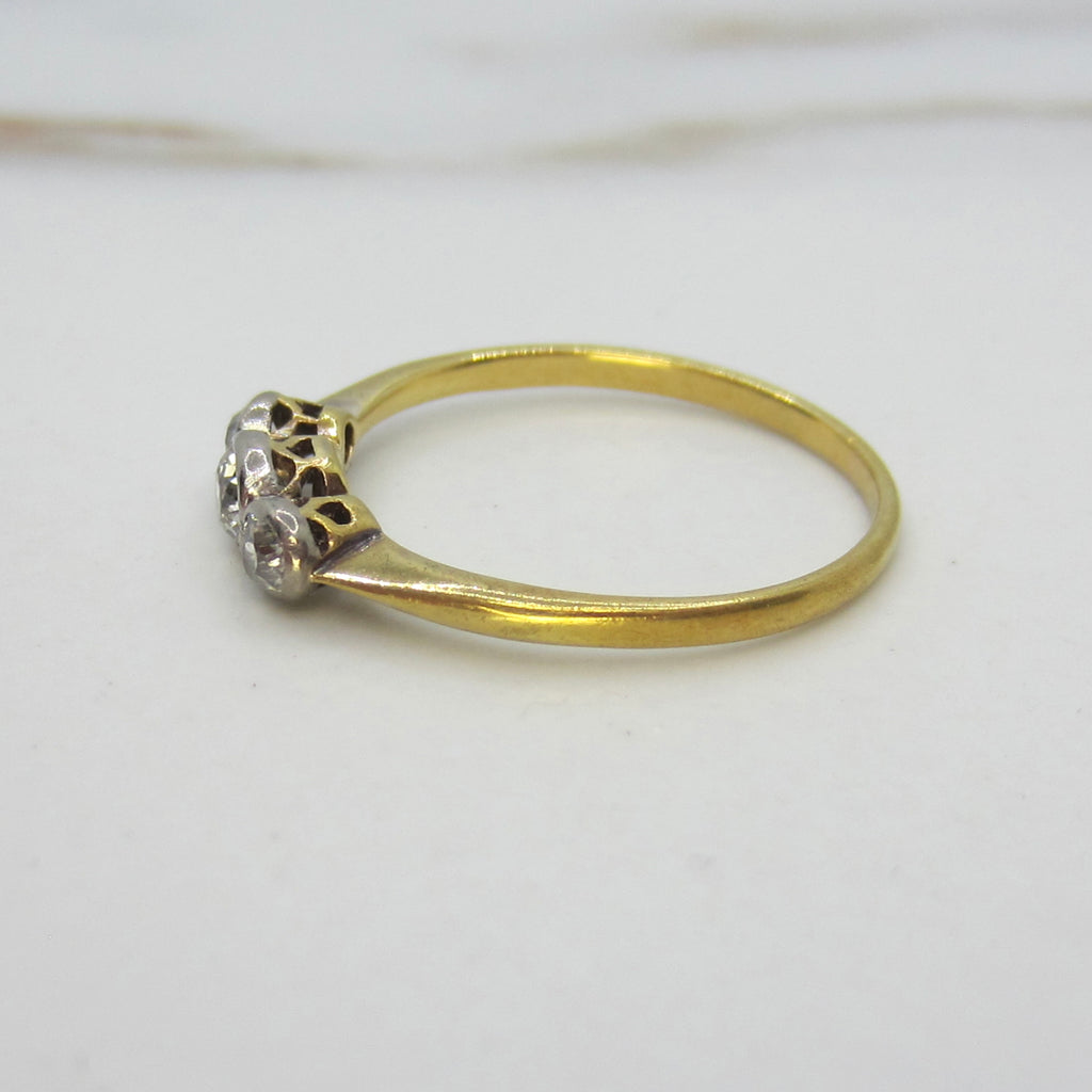 Antique Edwardian Old Mine Cut Diamond Three Stone Stacking Band Ring 18k Gold and Platinum c.1900