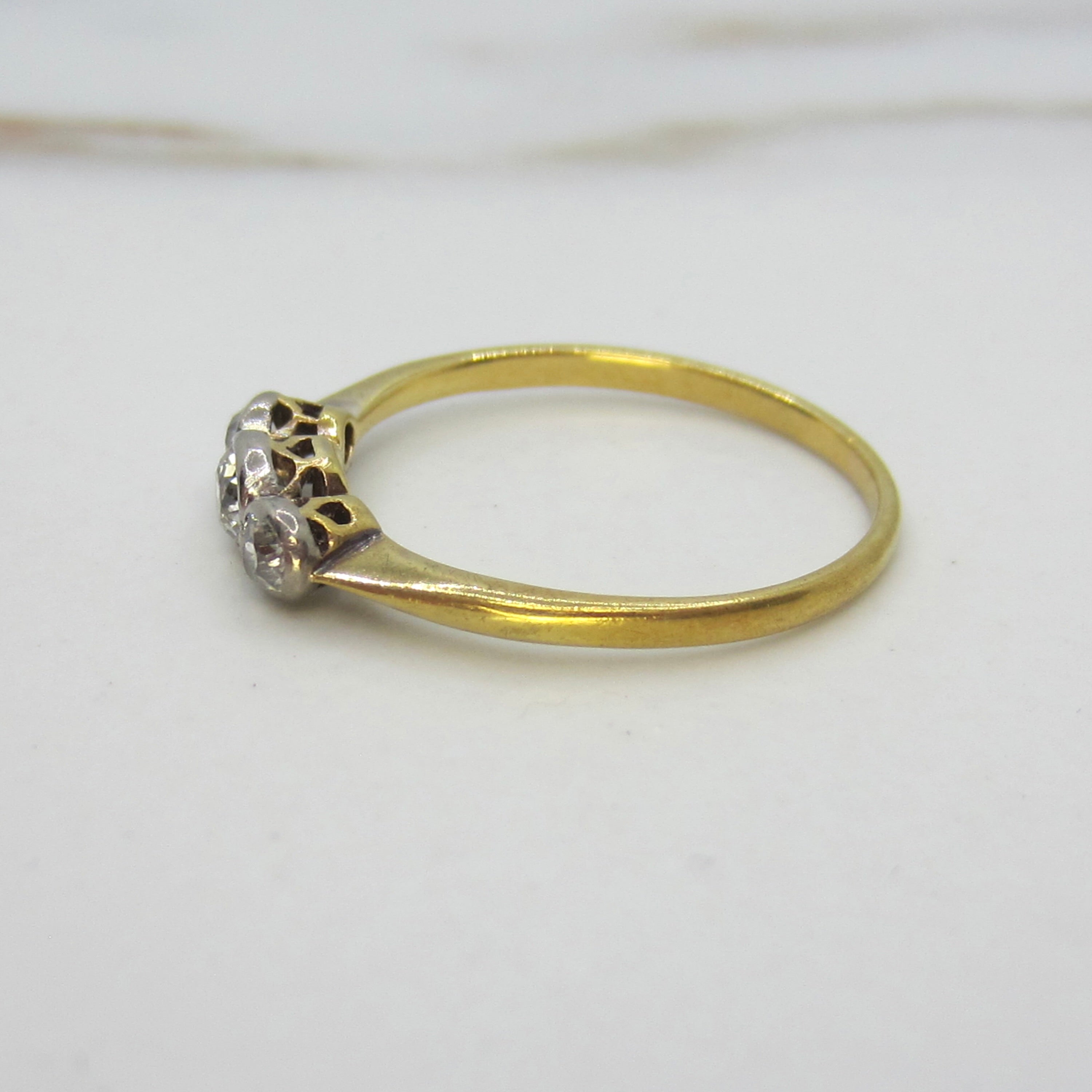 Antique Edwardian Old Mine Cut Diamond Three Stone Stacking Band Ring 18k Gold and Platinum c.1900