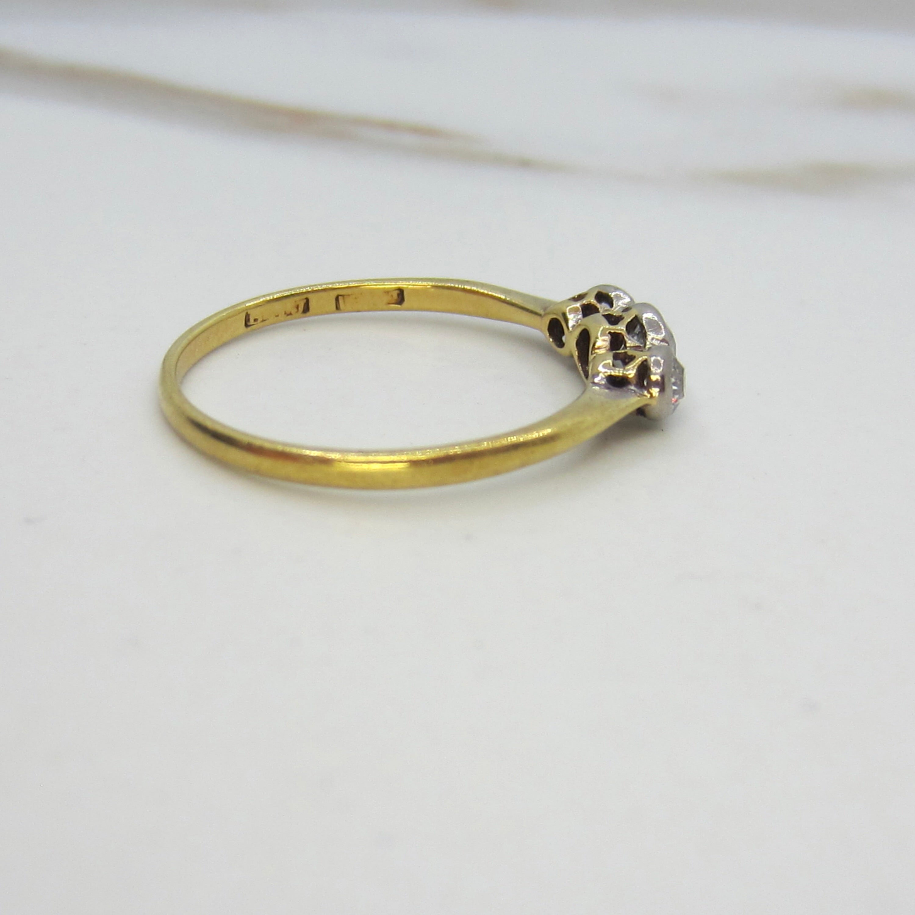 Antique Edwardian Old Mine Cut Diamond Three Stone Stacking Band Ring 18k Gold and Platinum c.1900