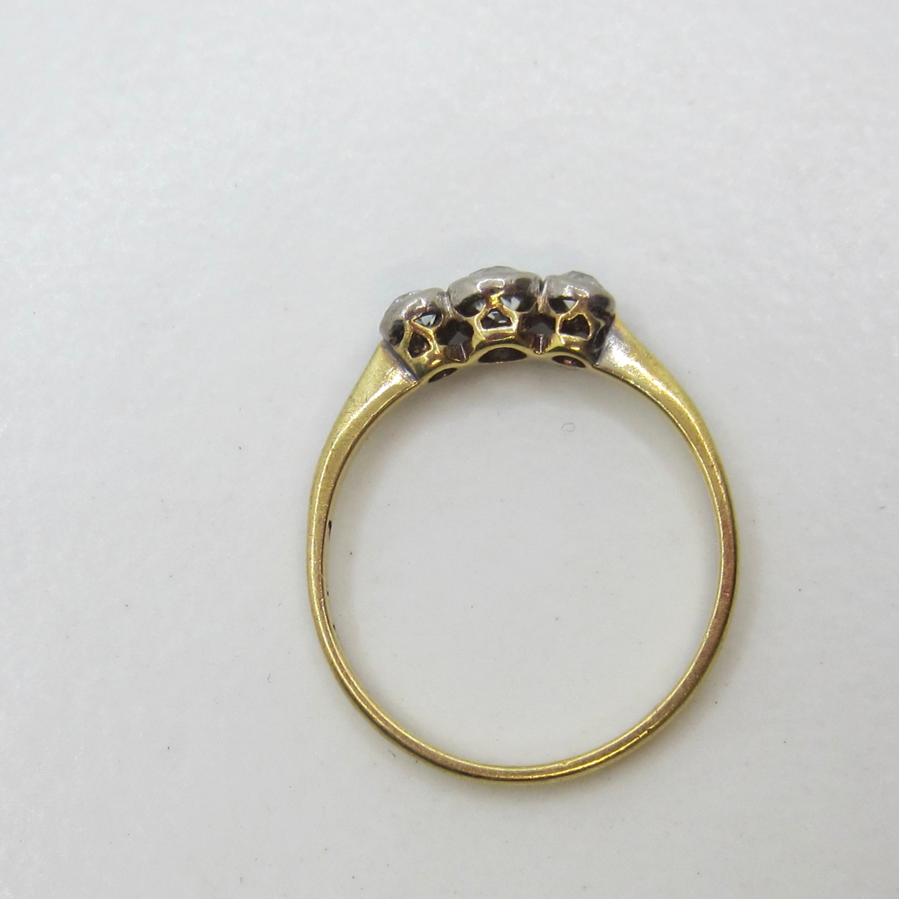 Antique Edwardian Old Mine Cut Diamond Three Stone Stacking Band Ring 18k Gold and Platinum c.1900
