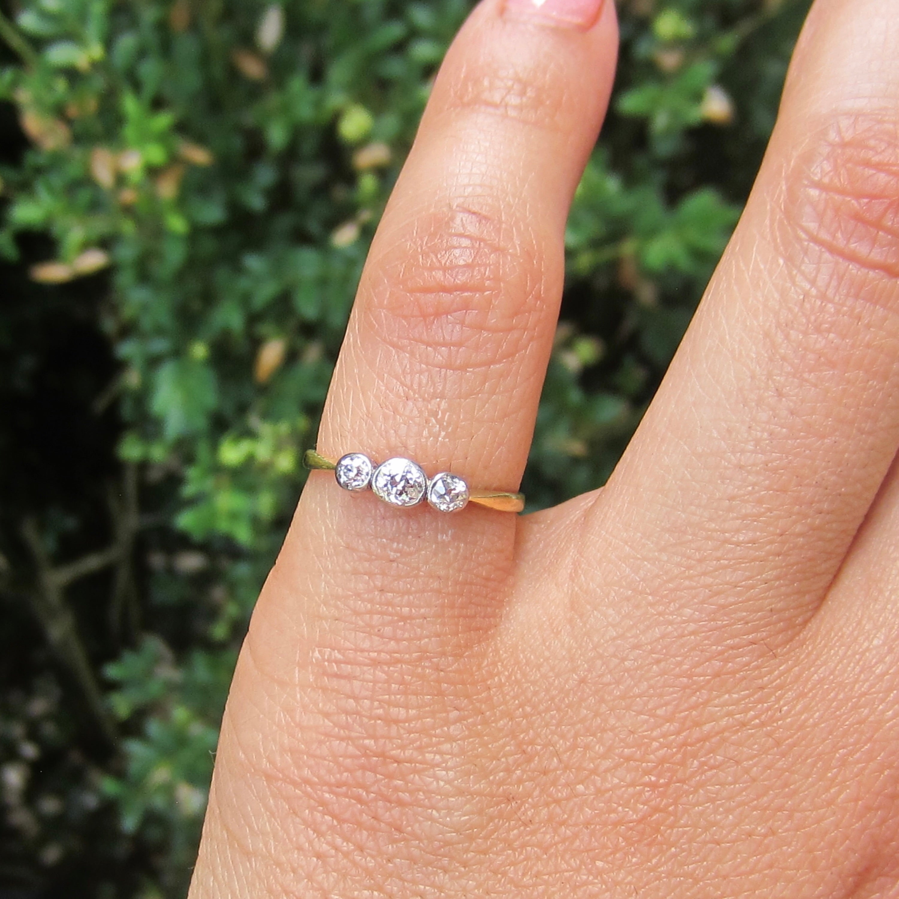 Antique Edwardian Old Mine Cut Diamond Three Stone Stacking Band Ring 18k Gold and Platinum c.1900