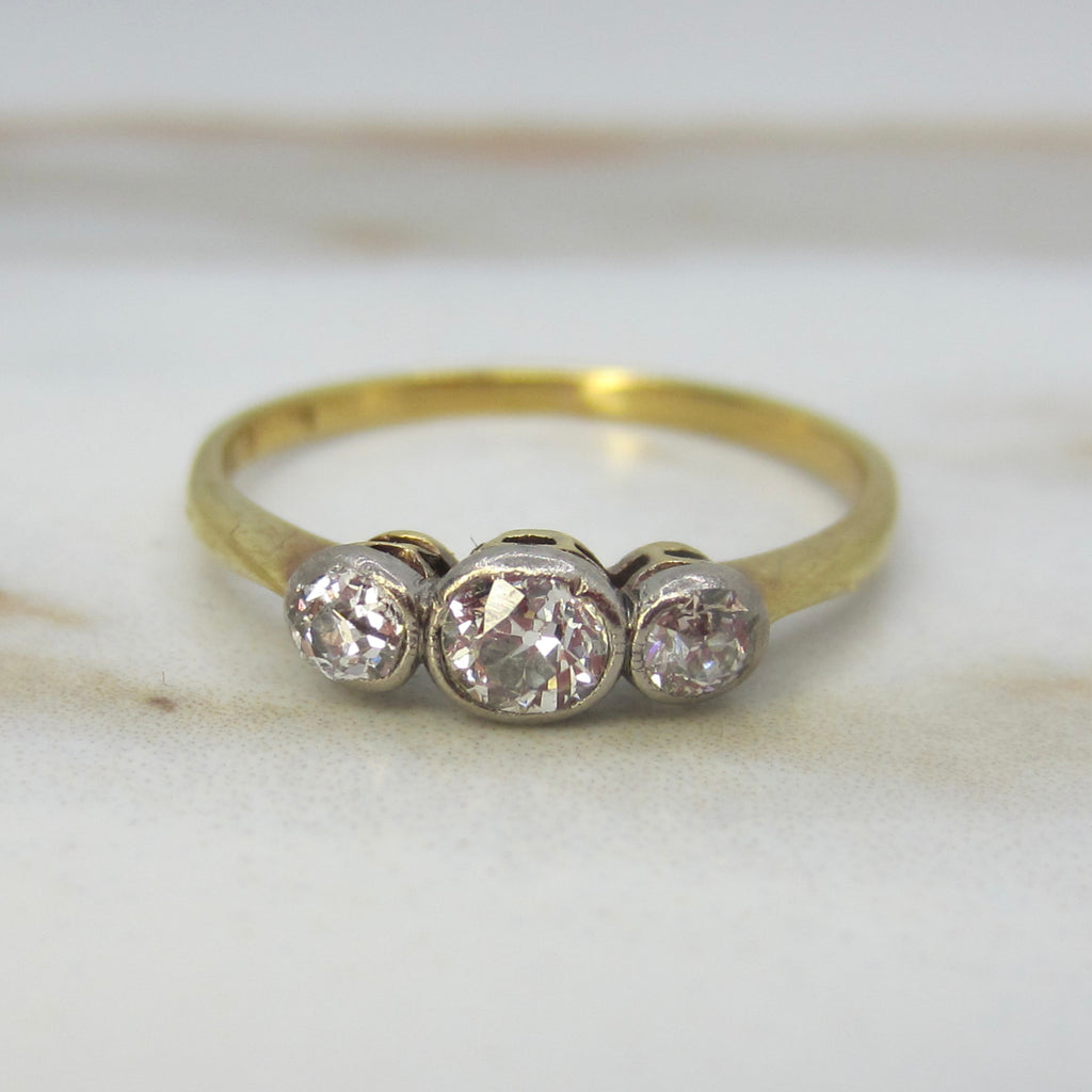 Antique Edwardian Old Mine Cut Diamond Three Stone Stacking Band Ring 18k Gold and Platinum c.1900